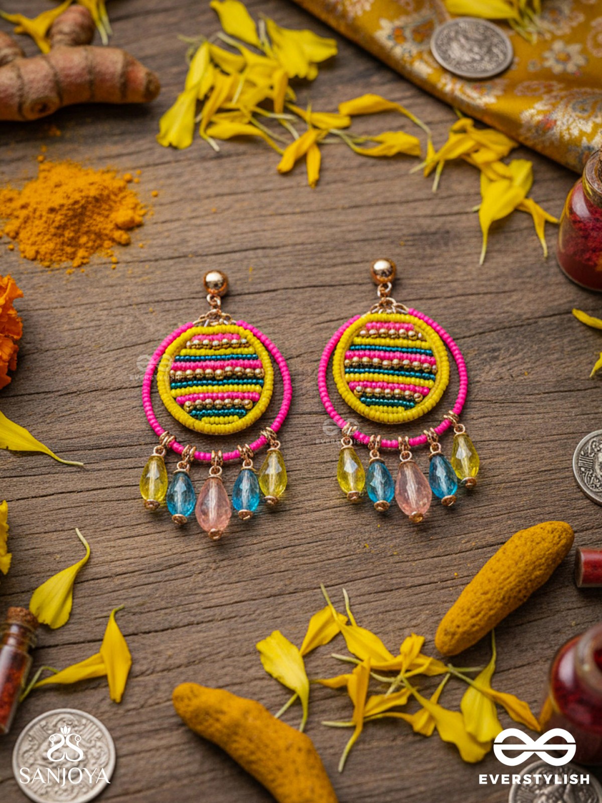 Satovira - Defiant Dynamo - Beads And Glass Drops Hand Embroidered Earrings