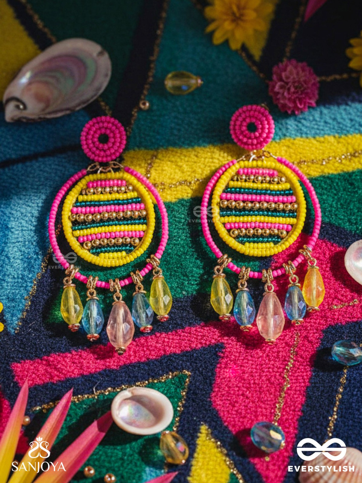 Satovira - Defiant Dynamo - Beads And Glass Drops Hand Embroidered Earrings