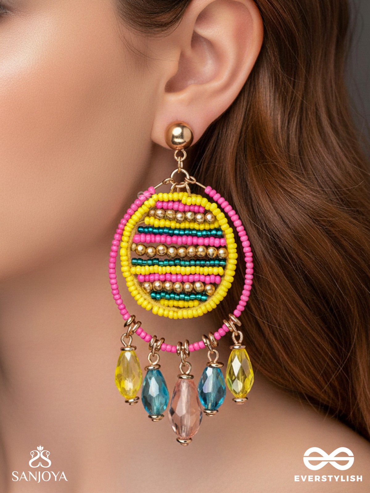 Satovira - Defiant Dynamo - Beads And Glass Drops Hand Embroidered Earrings