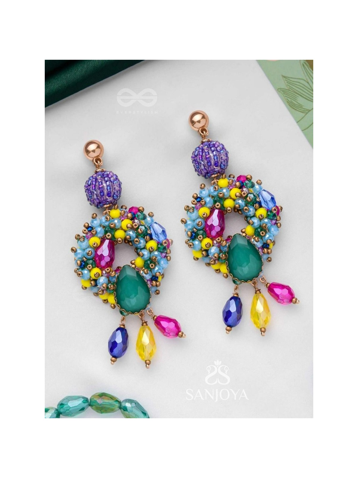 Atyahita - Daring Maverick - Stone, Beads And Glass Drops Hand Embroidered Earrings (Multicolor)