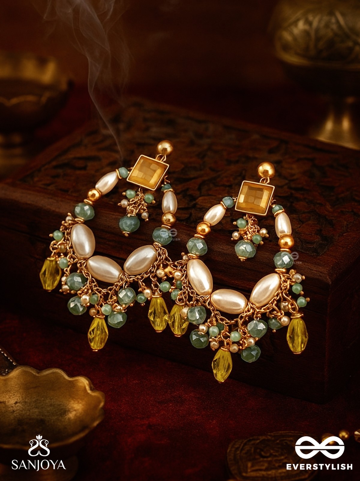 Vibhaati - The Minty Sparklers - Statement Gold And Green Embellished Earrings