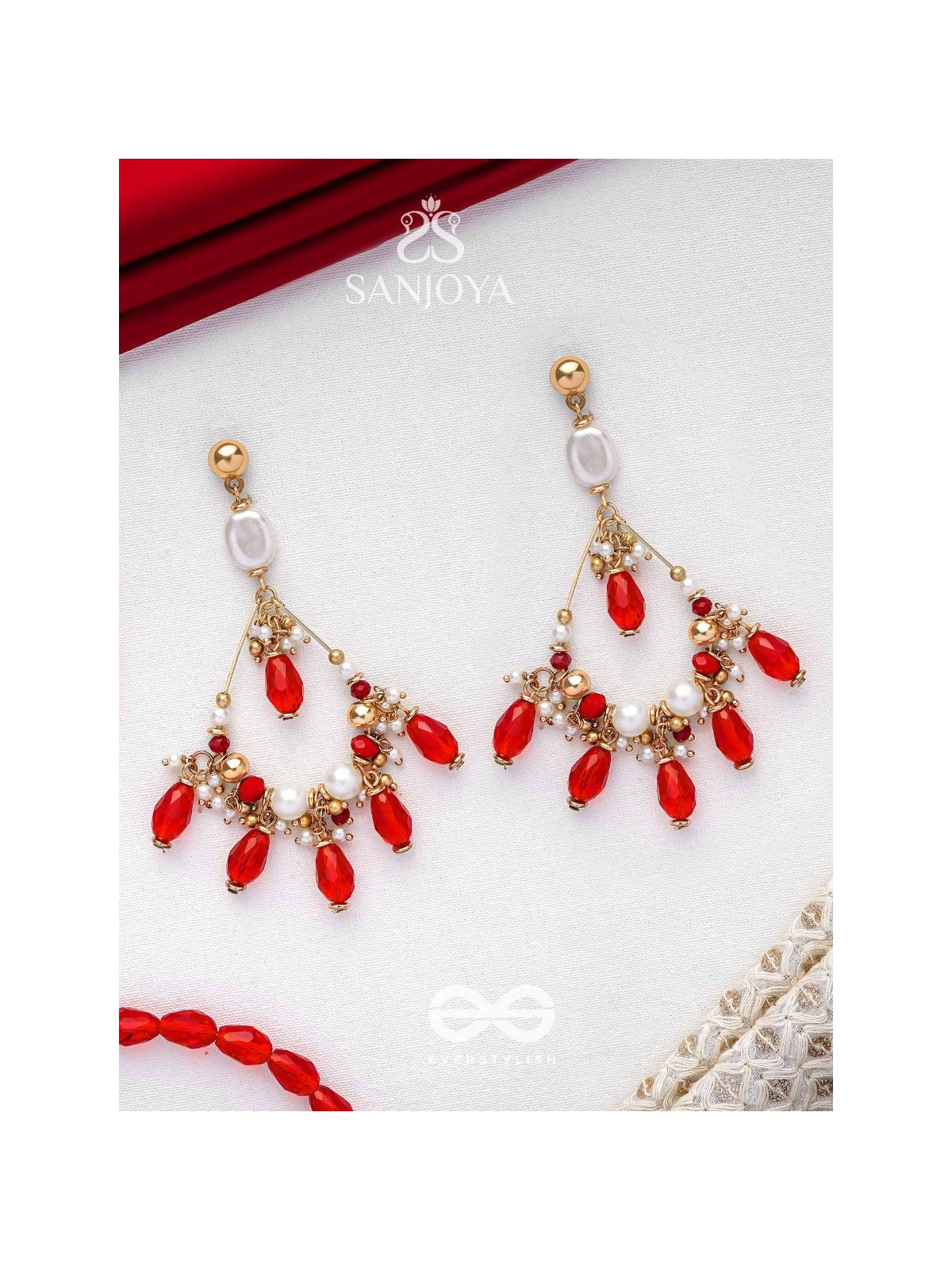 Ratulya - The Red Romance - Golden Embellished Statement Earrings