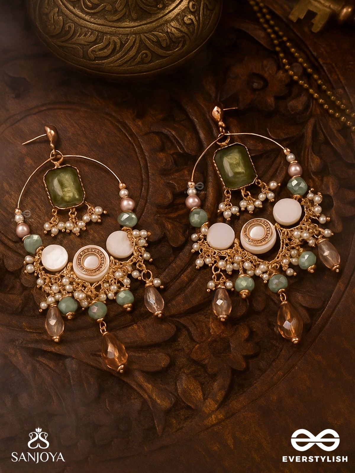 Navodha - The Wedded Dazzle - Statement Golden And Green Embellished Earrings