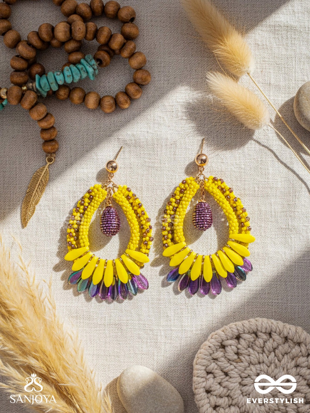 Atidah - Blazing Fierce - Beads And Cutdana Hand Embroidered Earrings (Yellow & Purple)