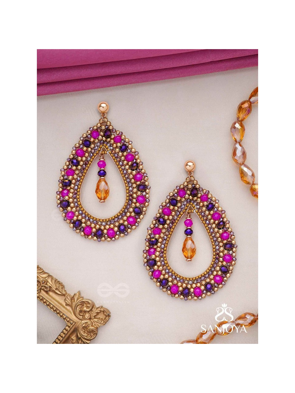 Vilobhanam - The Bittersweet Temptation - Golden Embellished Hand Embroidered Statement Earrings (Pink & Purple)