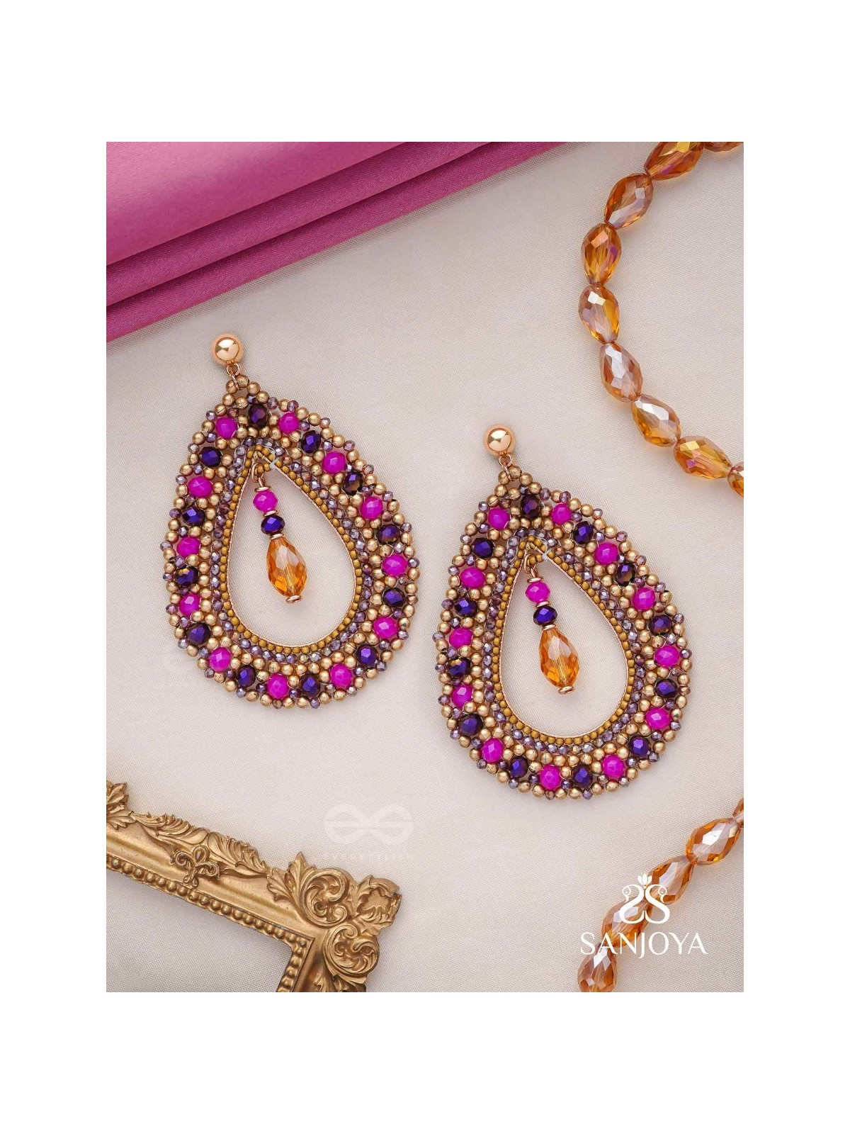 Vilobhanam - The Bittersweet Temptation - Golden Embellished Hand Embroidered Statement Earrings (Pink & Purple)