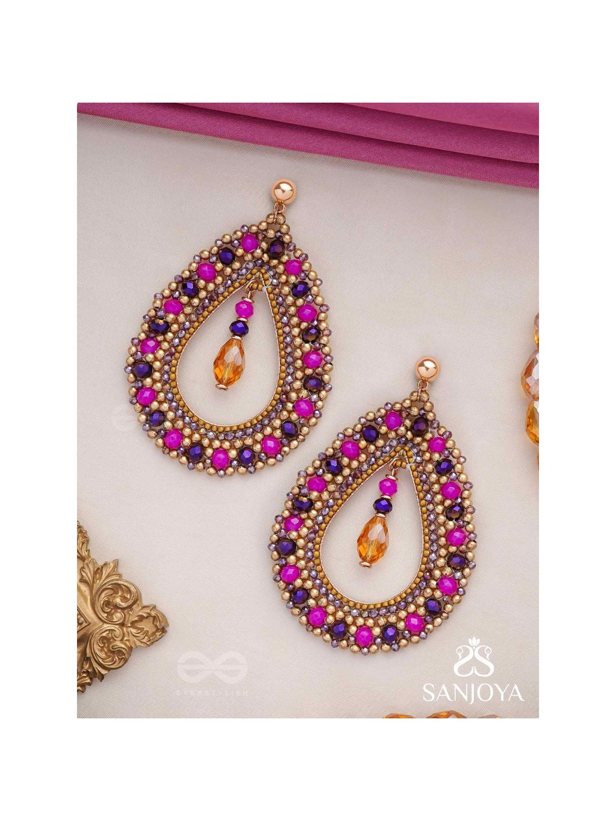 Vilobhanam - The Bittersweet Temptation - Golden Embellished Hand Embroidered Statement Earrings (Pink & Purple)