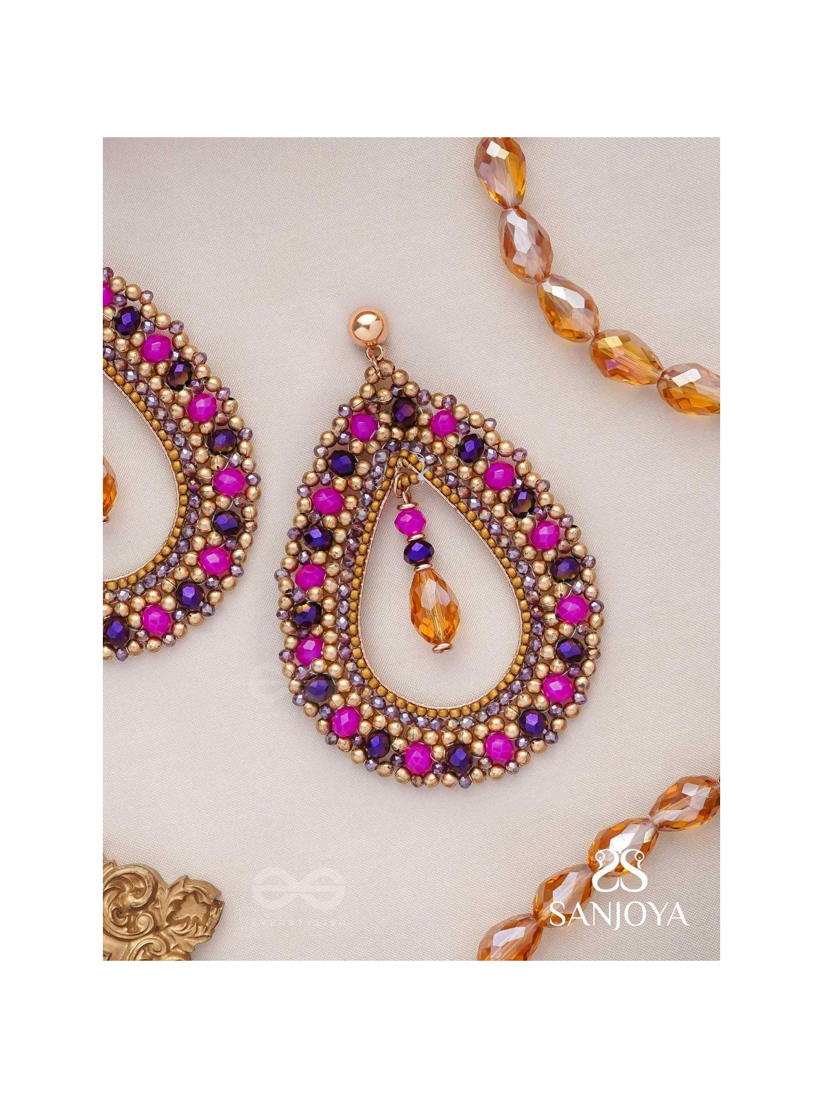 Vilobhanam - The Bittersweet Temptation - Golden Embellished Hand Embroidered Statement Earrings (Pink & Purple)