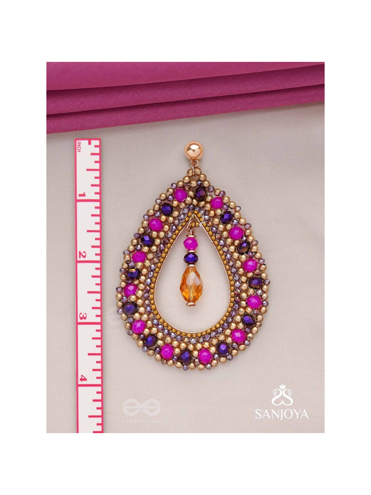 Vilobhanam - The Bittersweet Temptation - Golden Embellished Hand Embroidered Statement Earrings (Pink & Purple)
