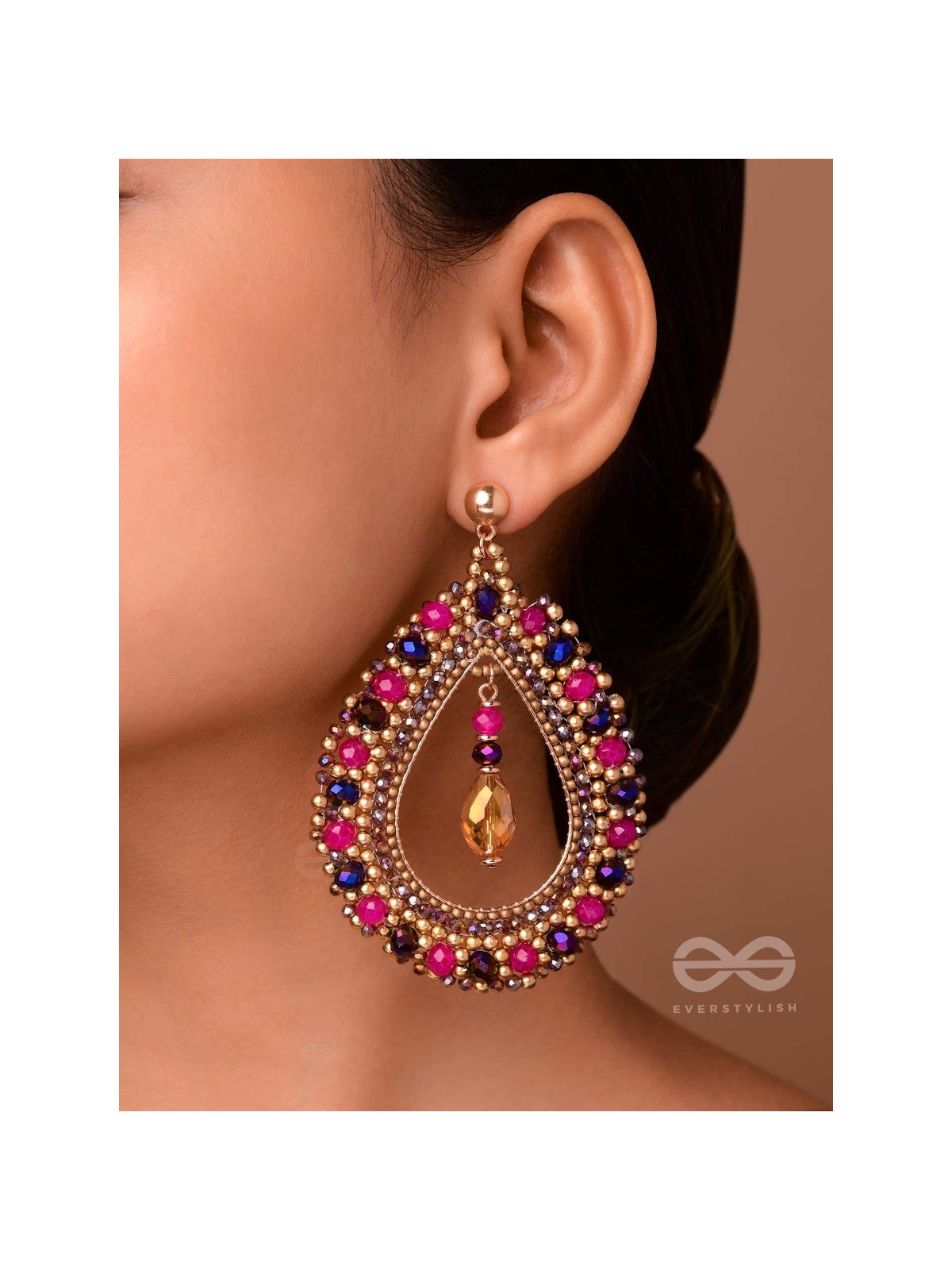 Vilobhanam - The Bittersweet Temptation - Golden Embellished Hand Embroidered Statement Earrings (Pink & Purple)