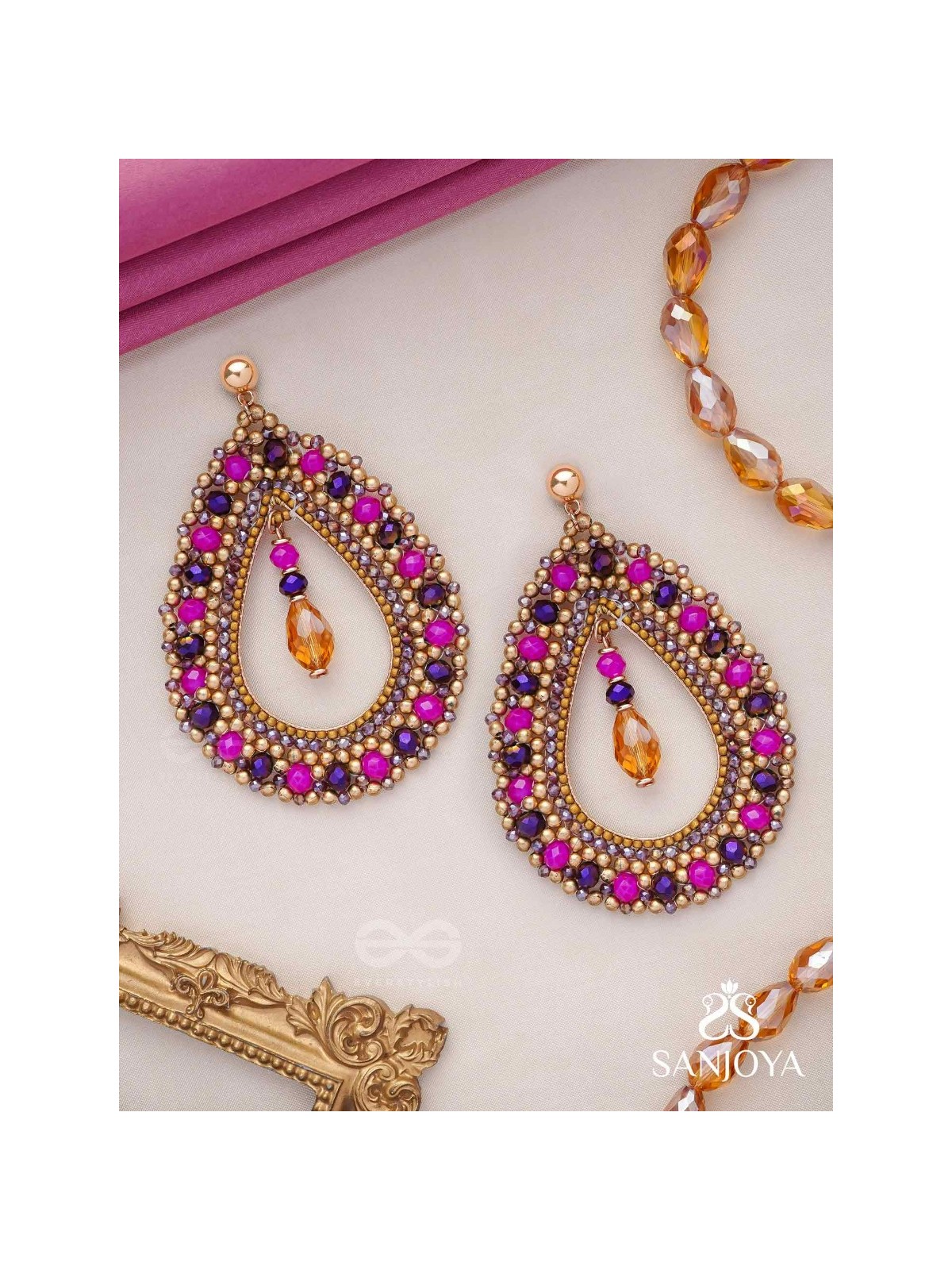 Vilobhanam - The Bittersweet Temptation - Golden Embellished Hand Embroidered Statement Earrings (Pink & Purple)