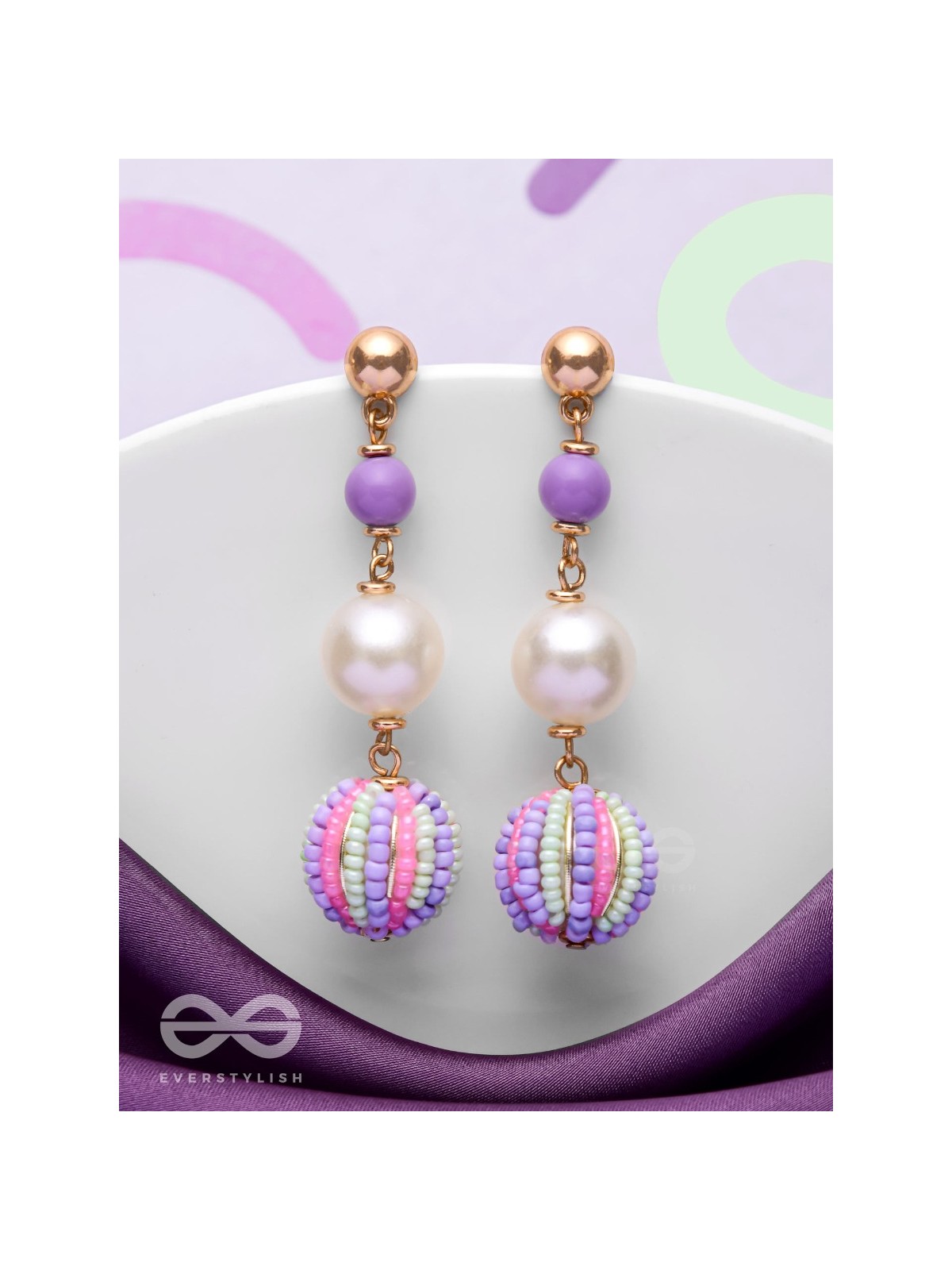 SUBTLE SPRING SYMPHONY - CUTE BEADED EARRINGS (PURPLE, GREEN & PINK)