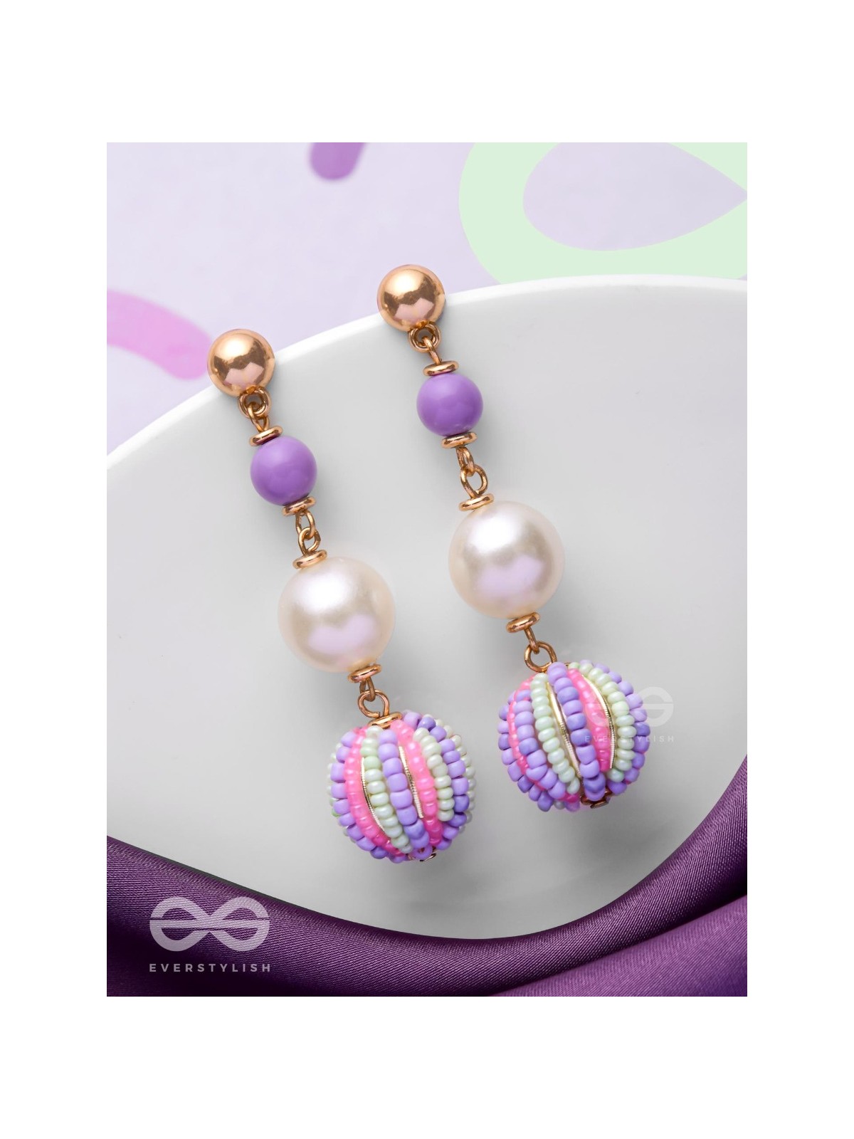 SUBTLE SPRING SYMPHONY - CUTE BEADED EARRINGS (PURPLE, GREEN & PINK)