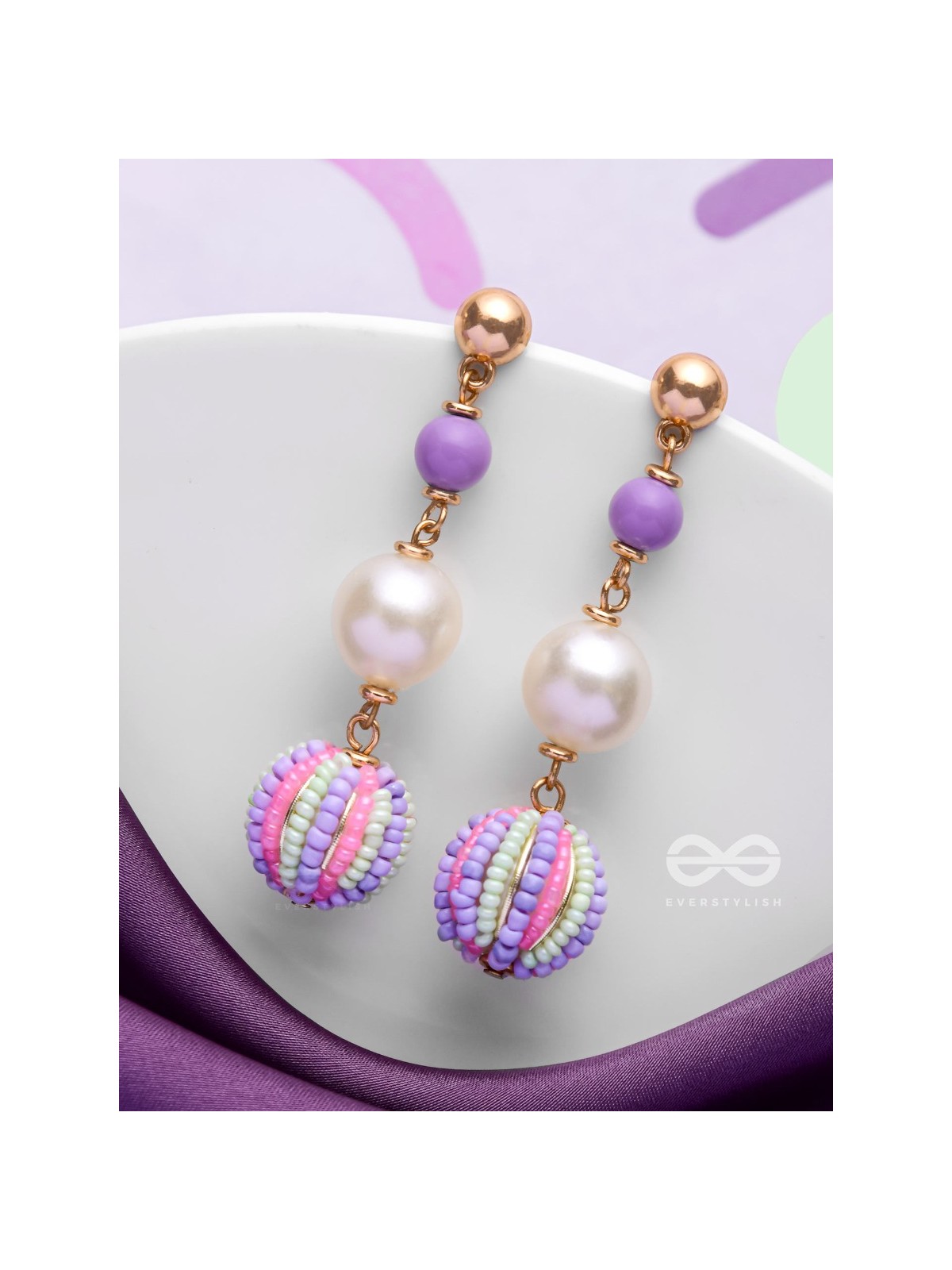 SUBTLE SPRING SYMPHONY - CUTE BEADED EARRINGS (PURPLE, GREEN & PINK)