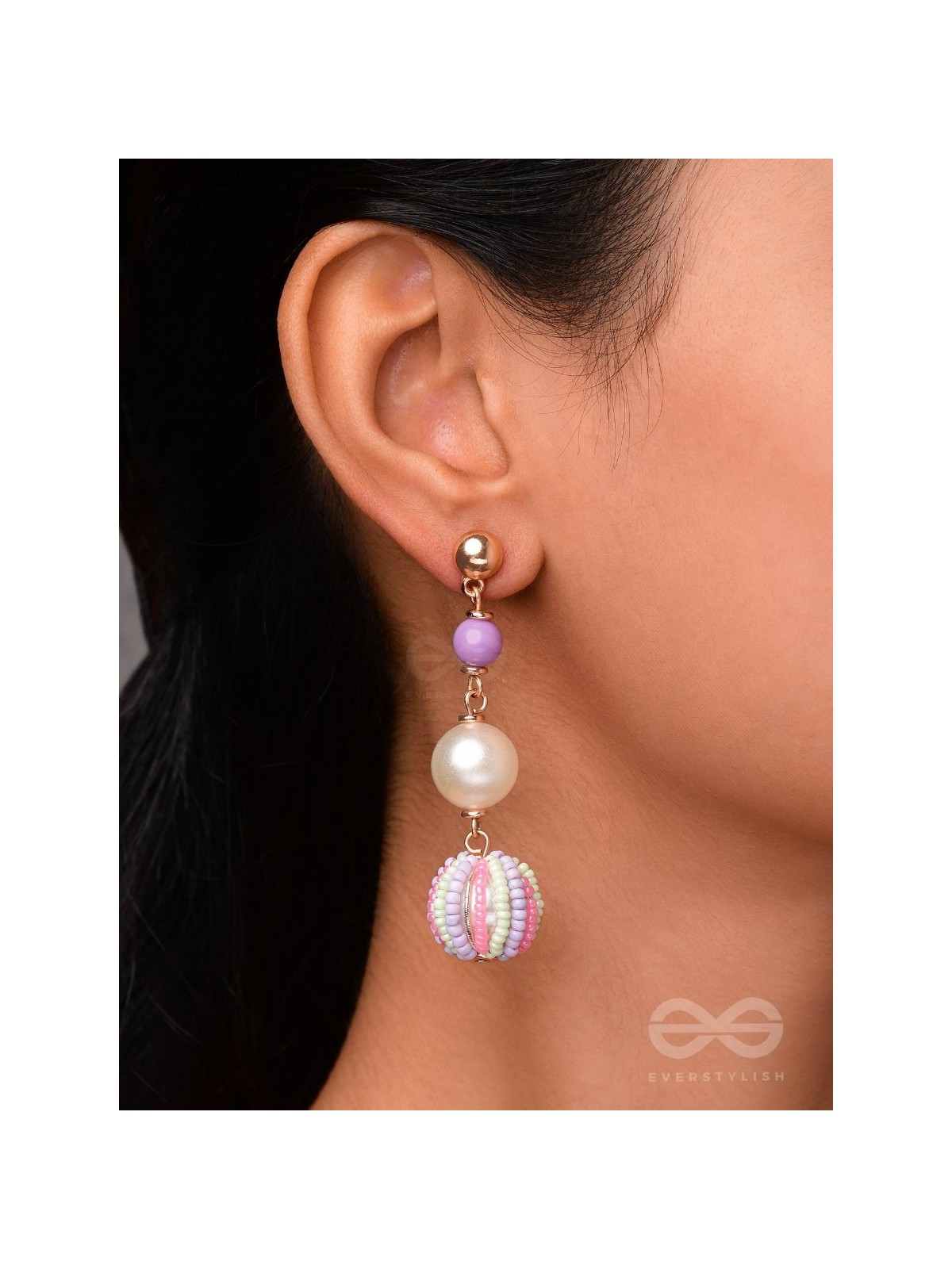 SUBTLE SPRING SYMPHONY - CUTE BEADED EARRINGS (PURPLE, GREEN & PINK)