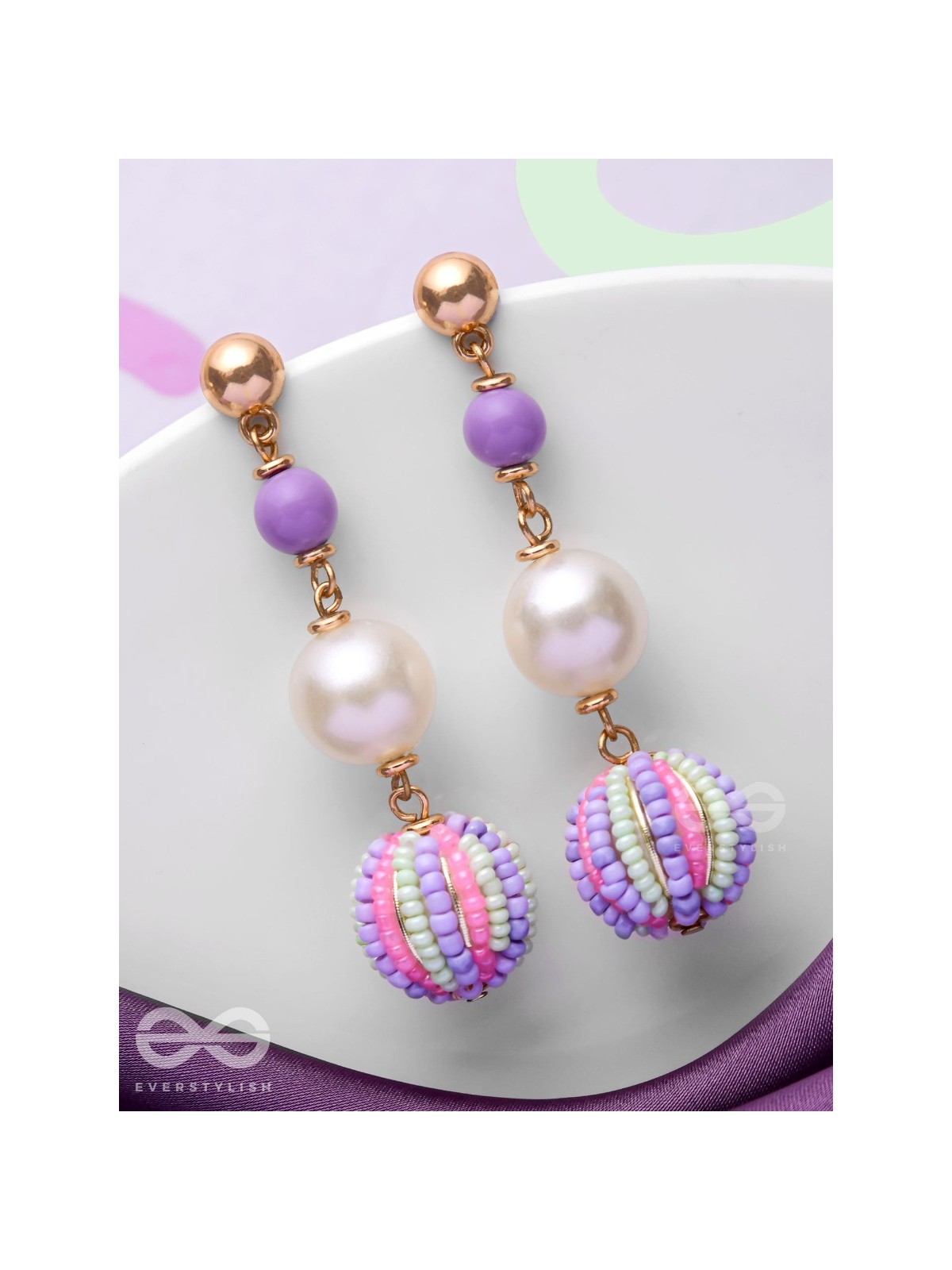 SUBTLE SPRING SYMPHONY - CUTE BEADED EARRINGS (PURPLE, GREEN & PINK)