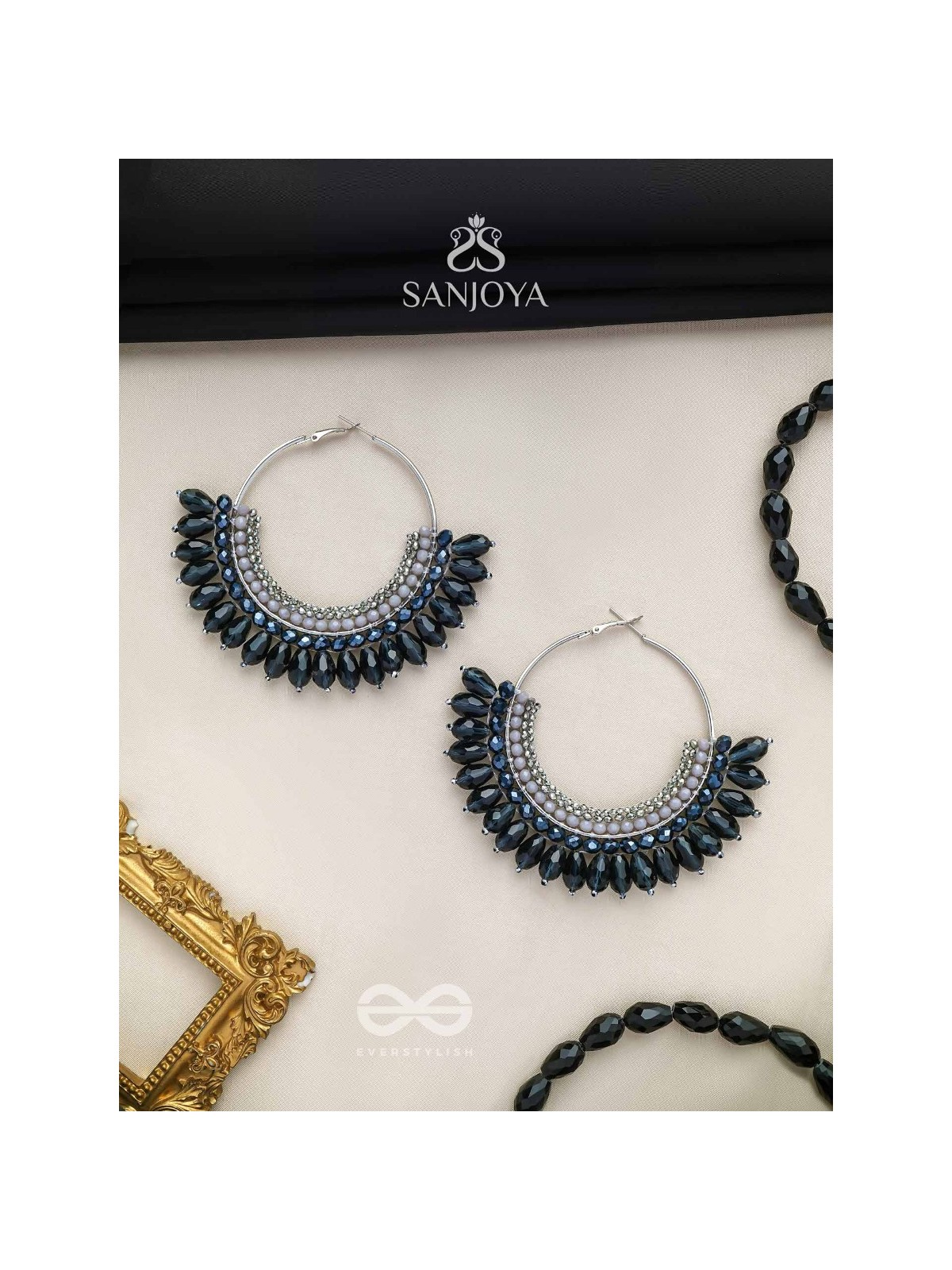 Atiraj - The Starlit Shadows - Statement Black And Gray Hoop Earrings 