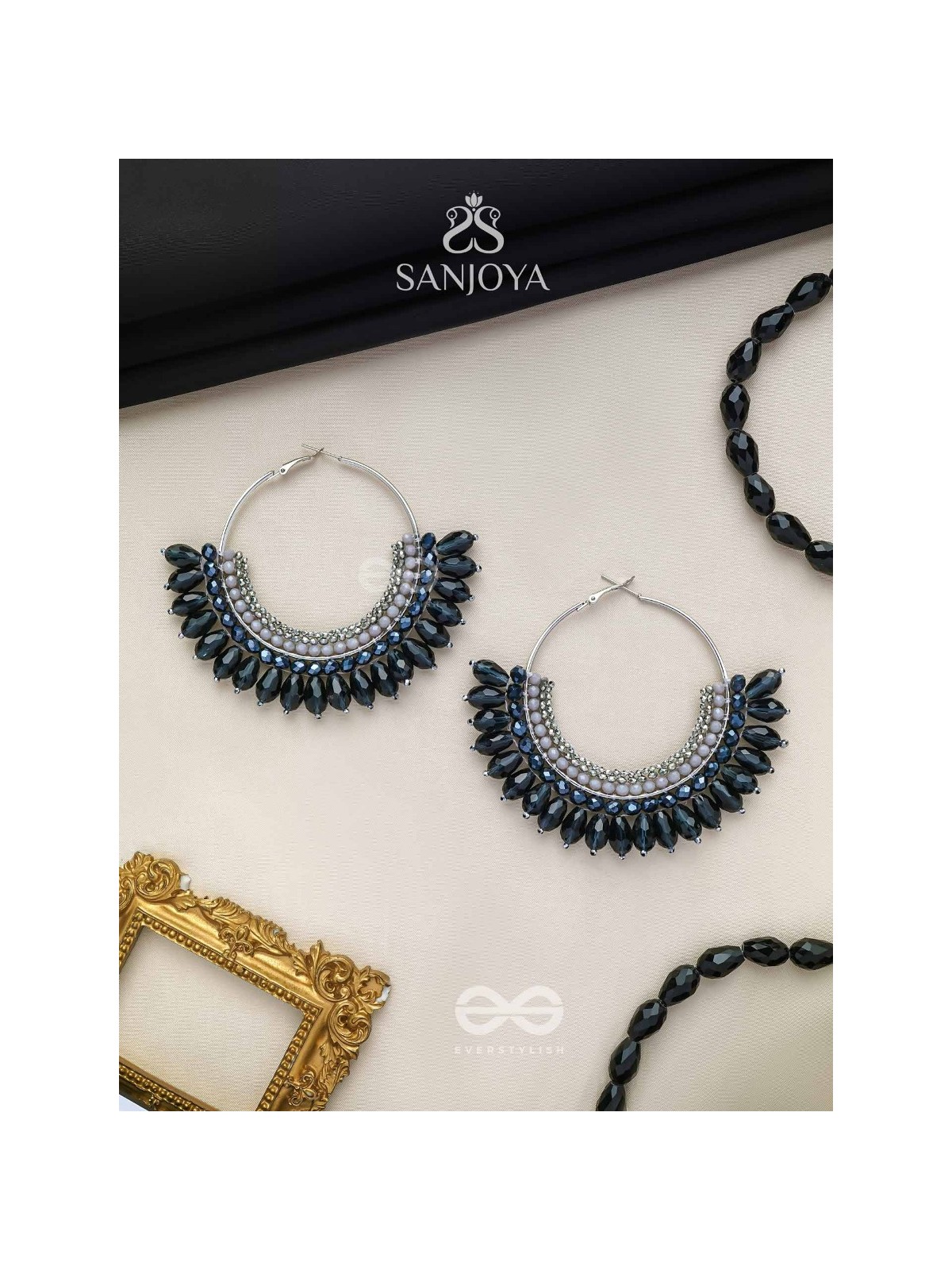 Atiraj - The Starlit Shadows - Statement Black And Gray Hoop Earrings 