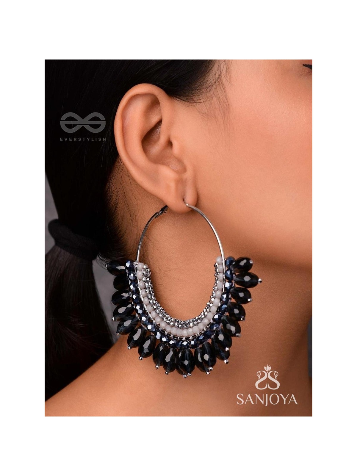 Atiraj - The Starlit Shadows - Statement Black And Gray Hoop Earrings 