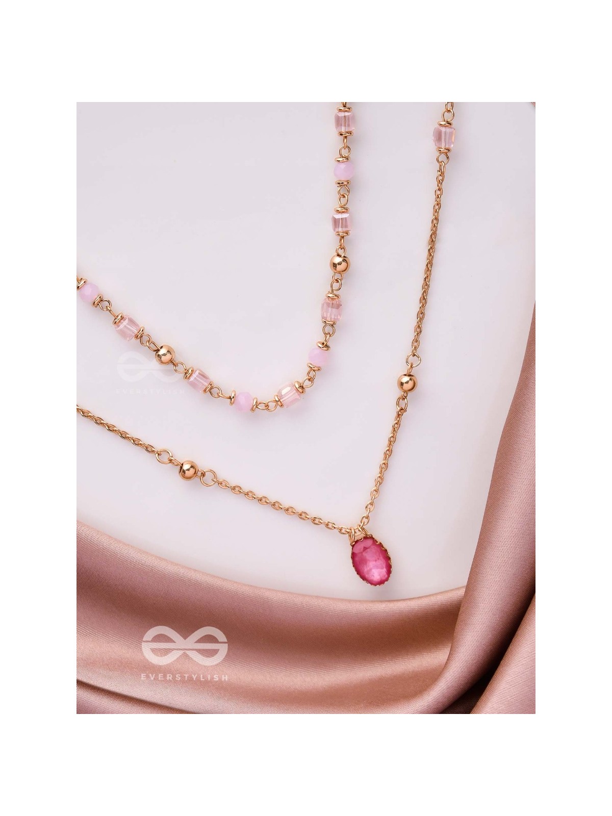 Charming Crystal Cascade - Cute Multilayered Neckpiece (Pink) With Anti-Tarnish Coating 