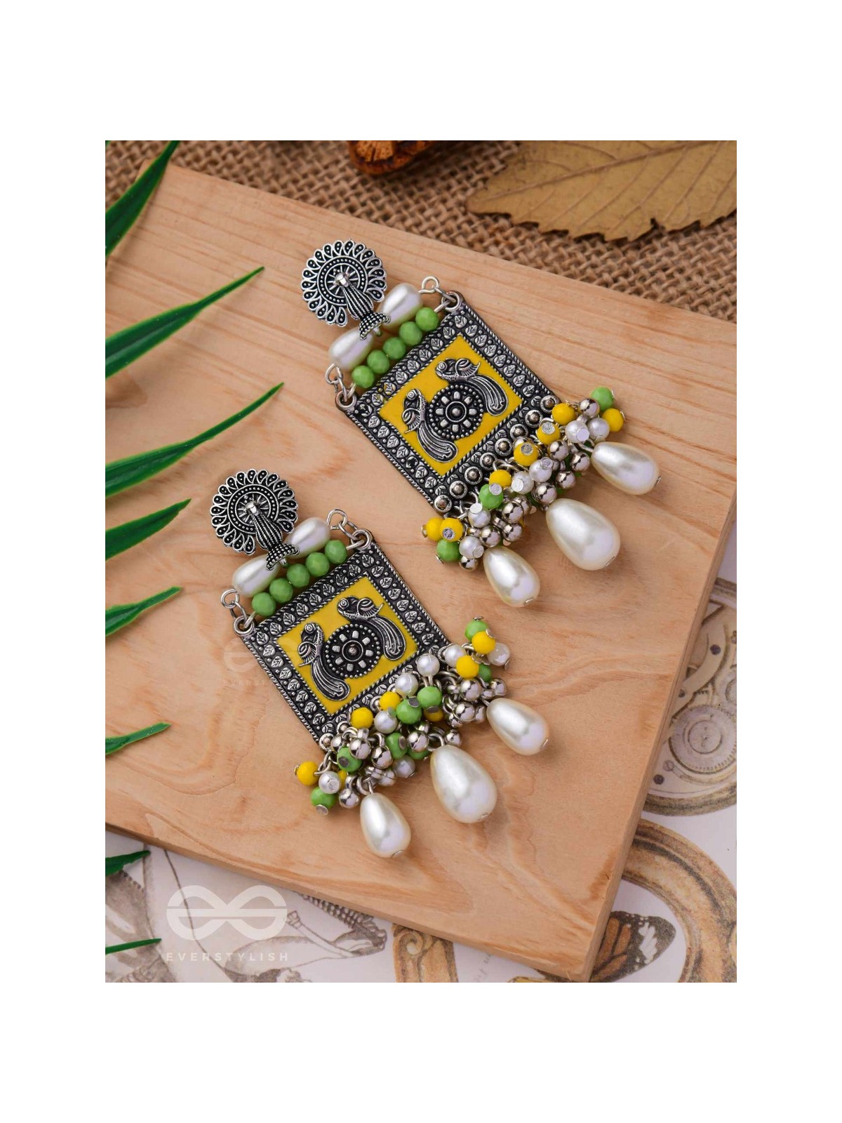 THE CHARTREUSE PEARL - EMBELLISHED OXIDISED EARRINGS