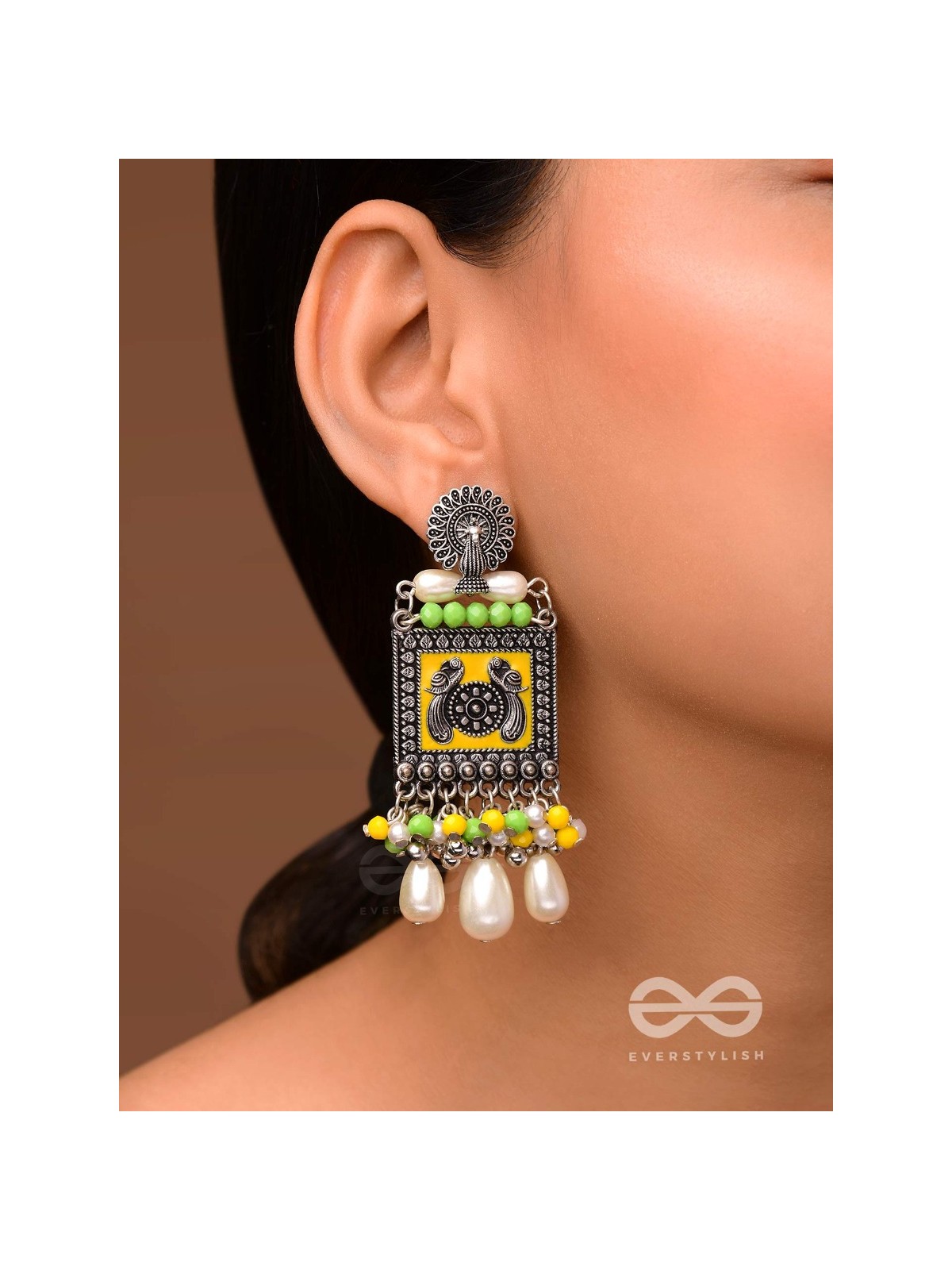 THE CHARTREUSE PEARL - EMBELLISHED OXIDISED EARRINGS