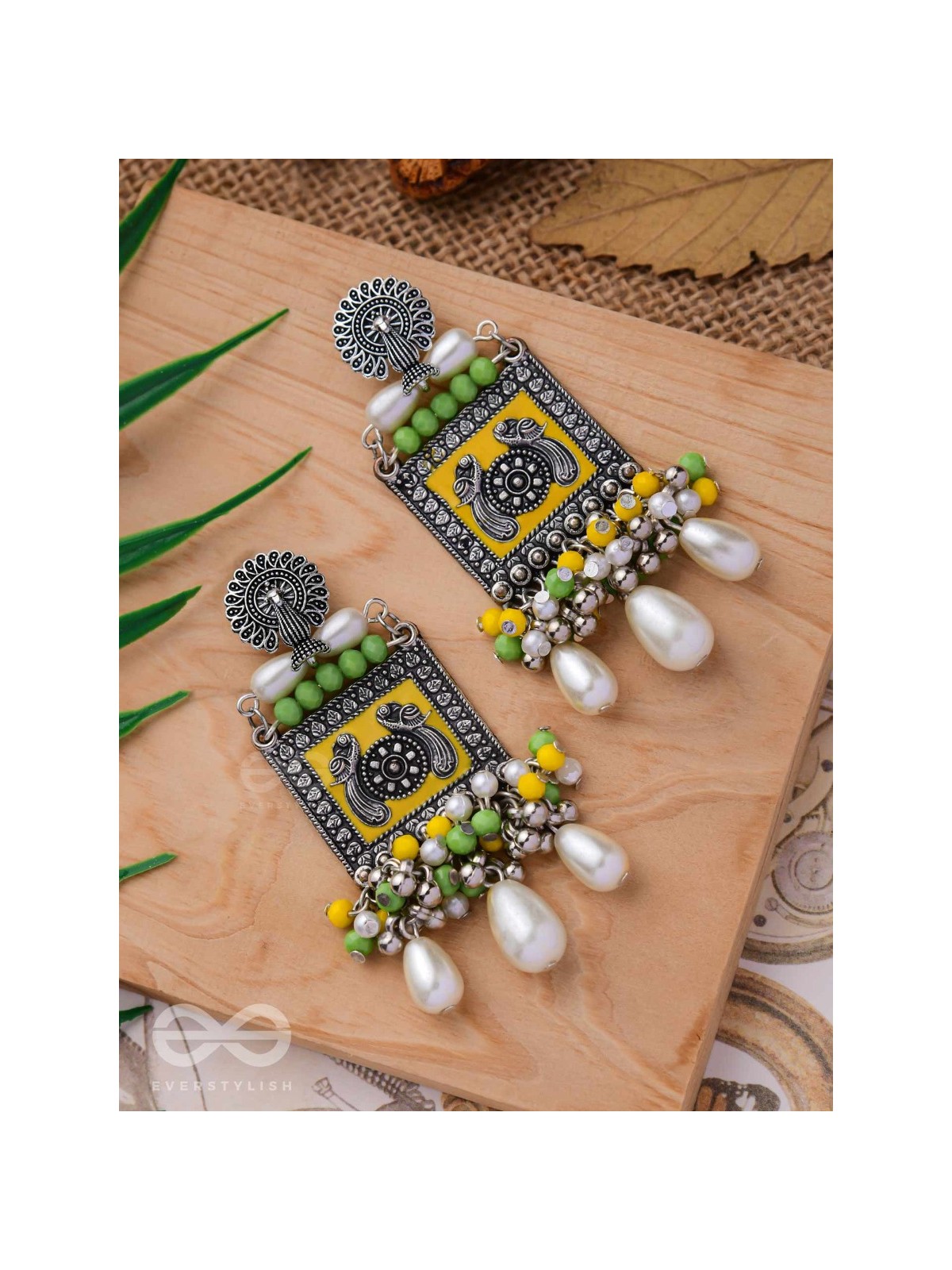 THE CHARTREUSE PEARL - EMBELLISHED OXIDISED EARRINGS