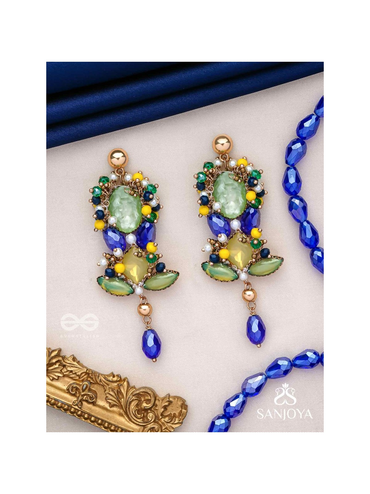 Srotah - The Castle Waves - Stones, Beads And Glass Drops Hand Embroidered Earrings
