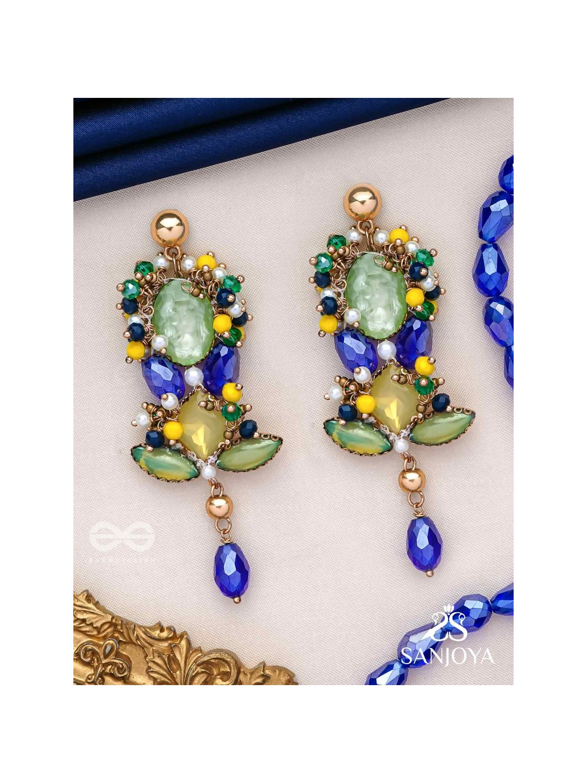 Srotah - The Castle Waves - Stones, Beads And Glass Drops Hand Embroidered Earrings