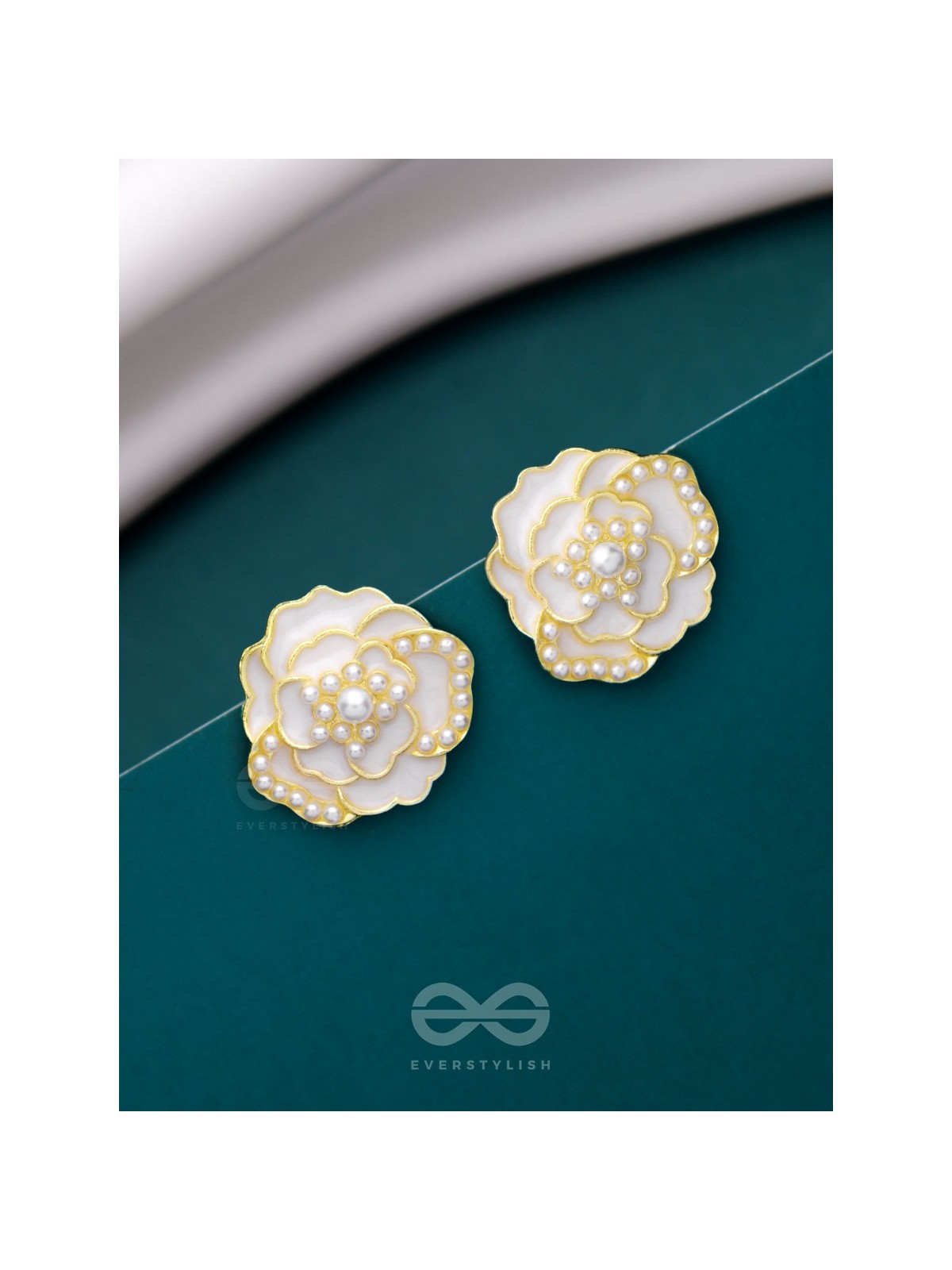 DEW DROPPED PEONIES - GOLDEN ENAMELLED STUDS (WHITE)