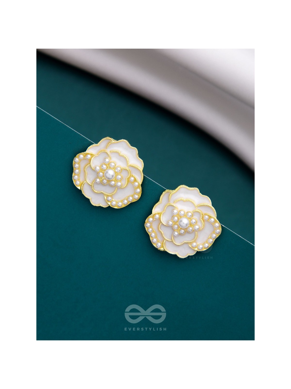 DEW DROPPED PEONIES - GOLDEN ENAMELLED STUDS (WHITE)