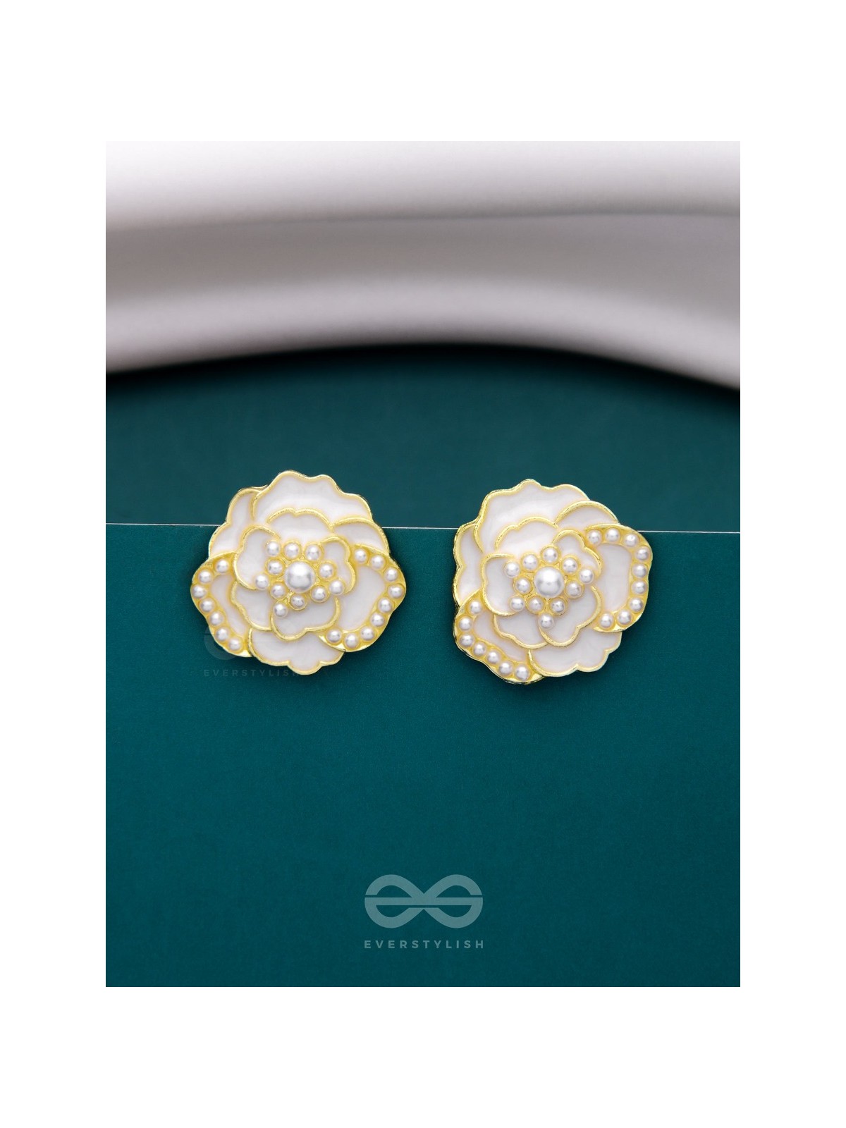 DEW DROPPED PEONIES - GOLDEN ENAMELLED STUDS (WHITE)