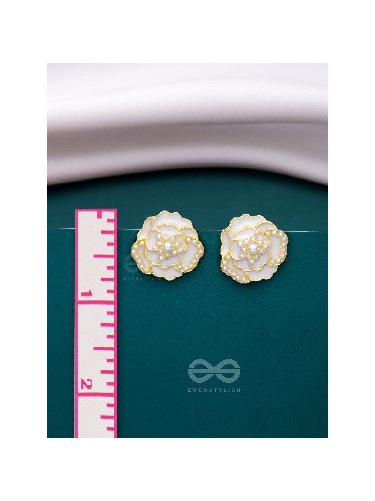 DEW DROPPED PEONIES - GOLDEN ENAMELLED STUDS (WHITE)