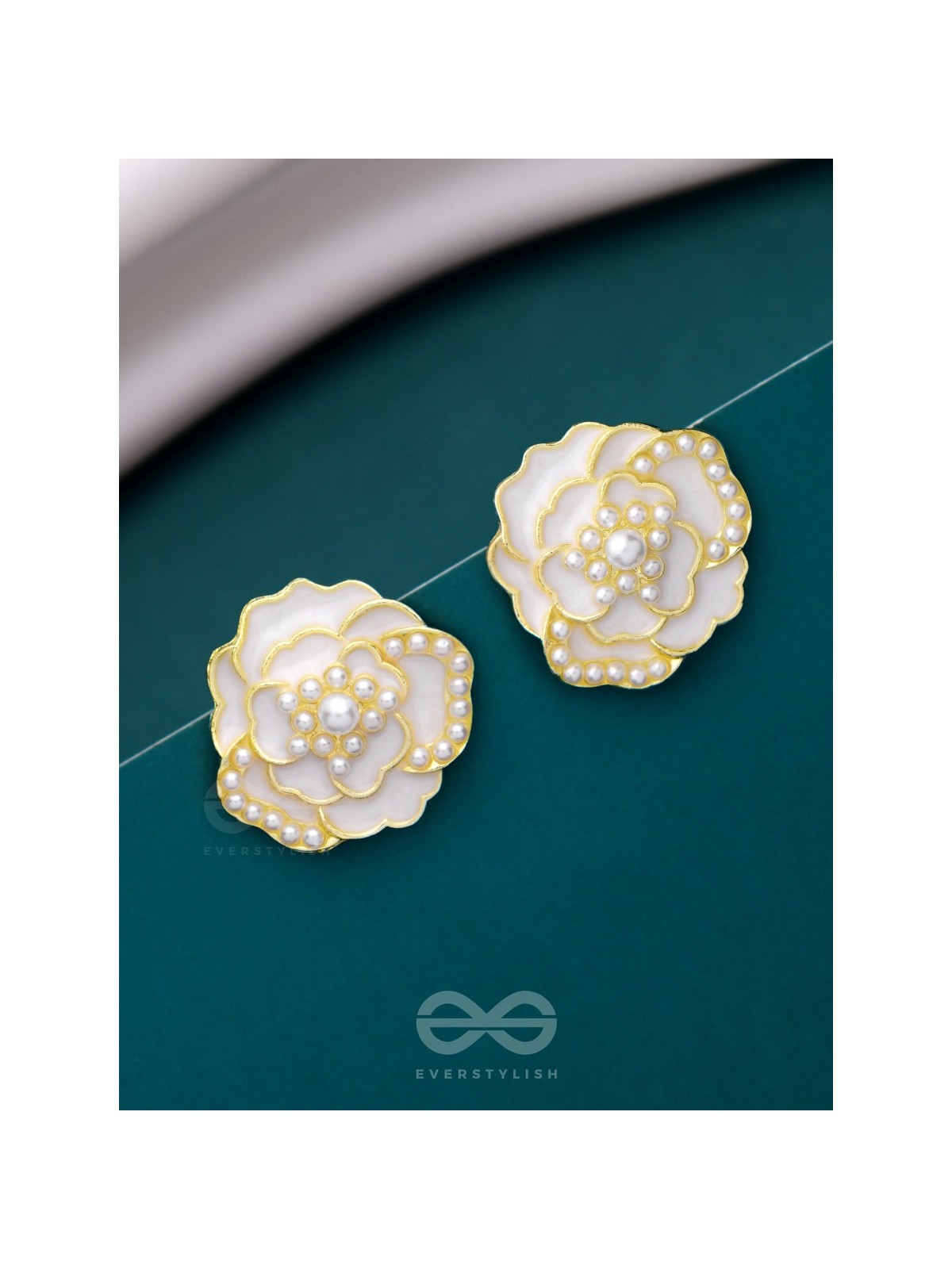DEW DROPPED PEONIES - GOLDEN ENAMELLED STUDS (WHITE)