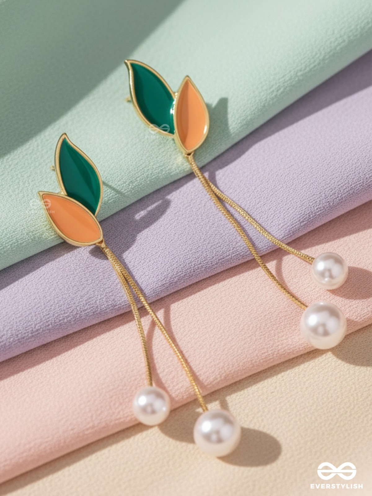 ALWAYS AN ANGEL - PEARL & ENAMELLED EAR JACKETS (GOLD AND GREEN)