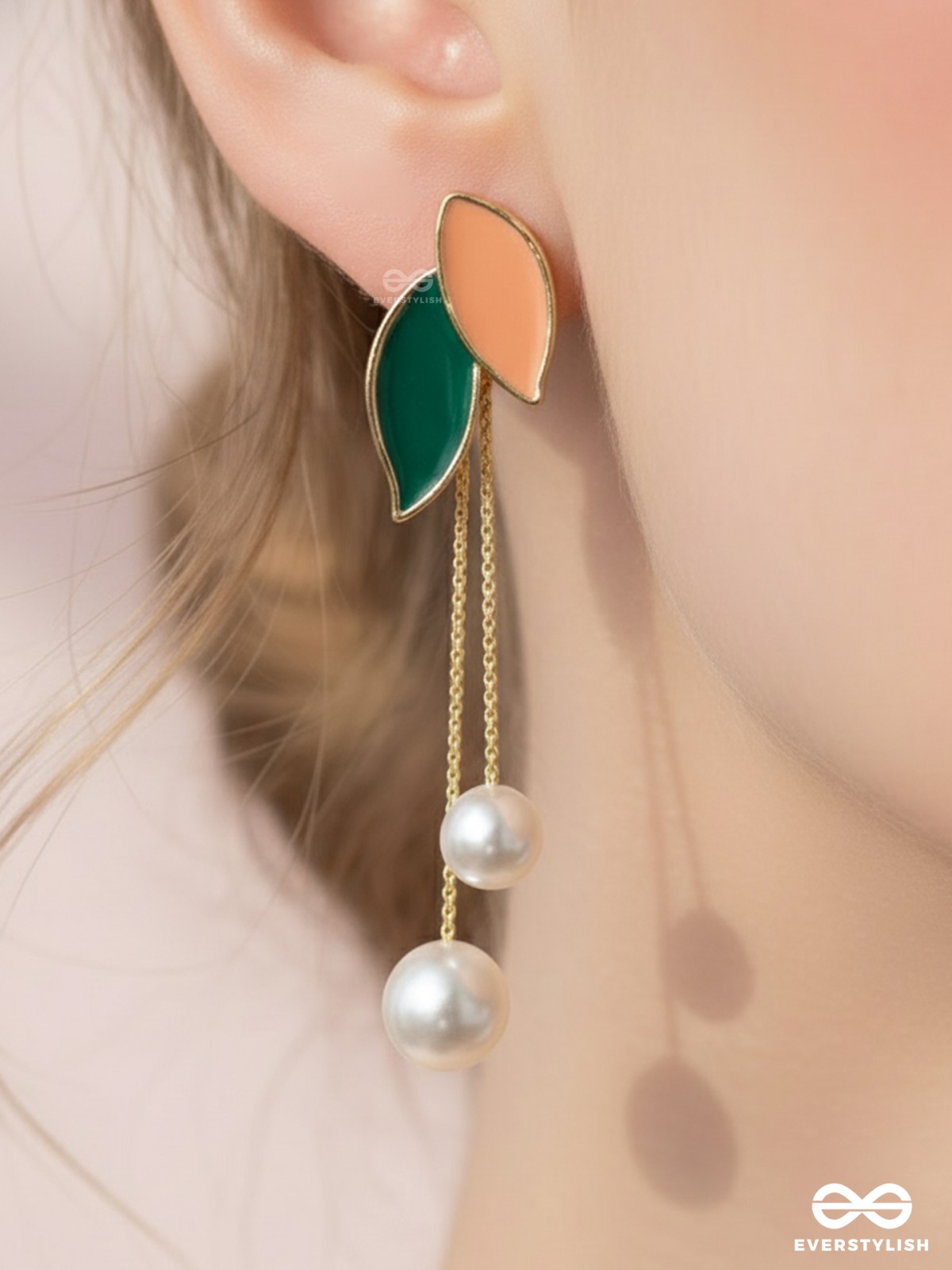 ALWAYS AN ANGEL - PEARL & ENAMELLED EAR JACKETS (GOLD AND GREEN)