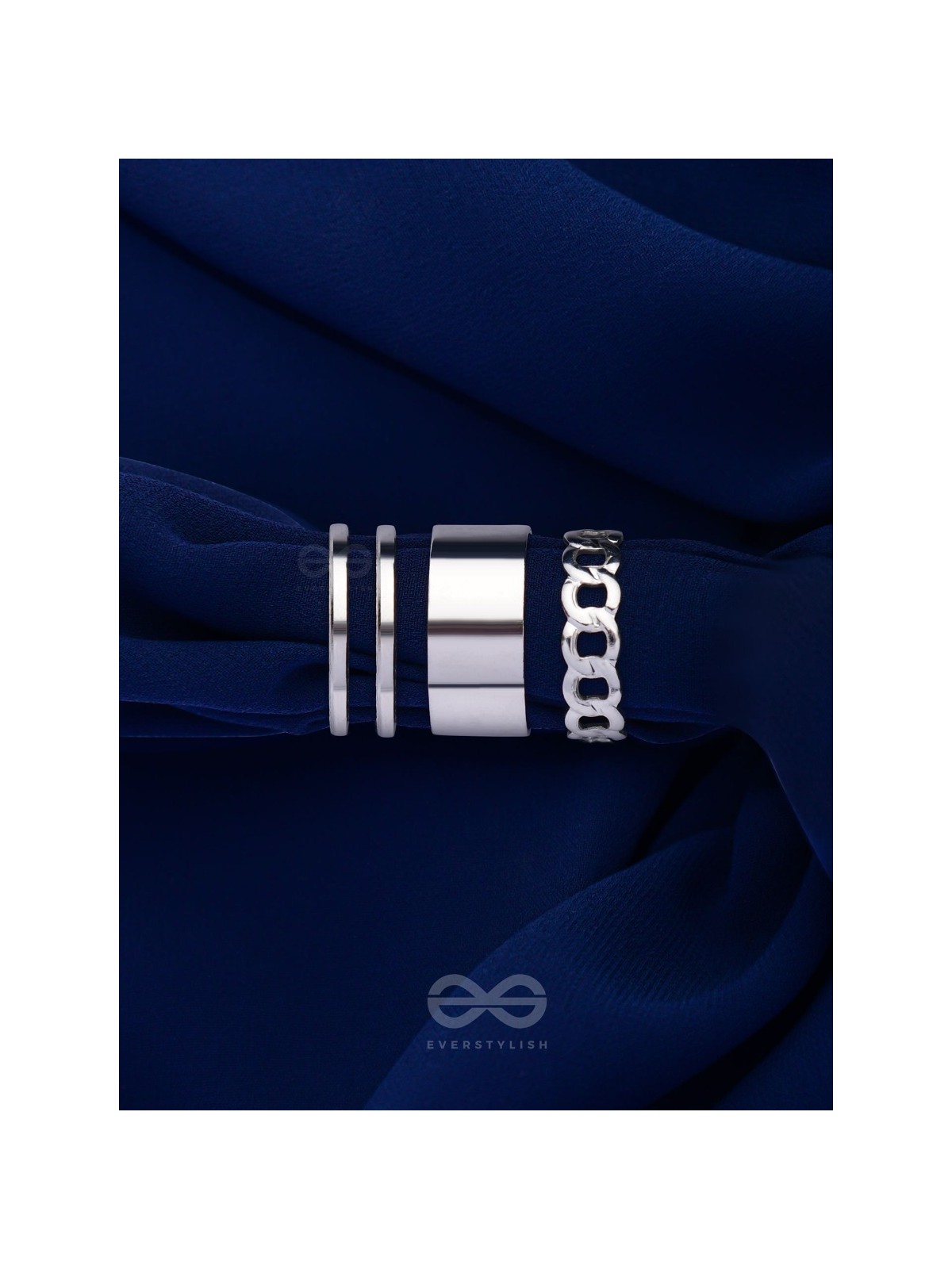 BANDS N CHAINS- SET OF 3 ADJUSTABLE SILVER RINGS