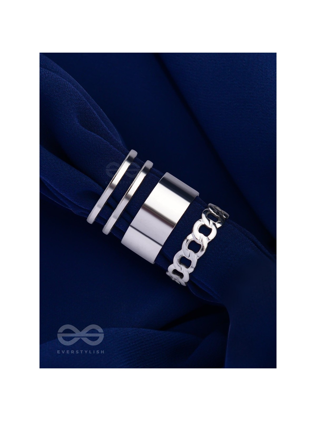 BANDS N CHAINS- SET OF 3 ADJUSTABLE SILVER RINGS