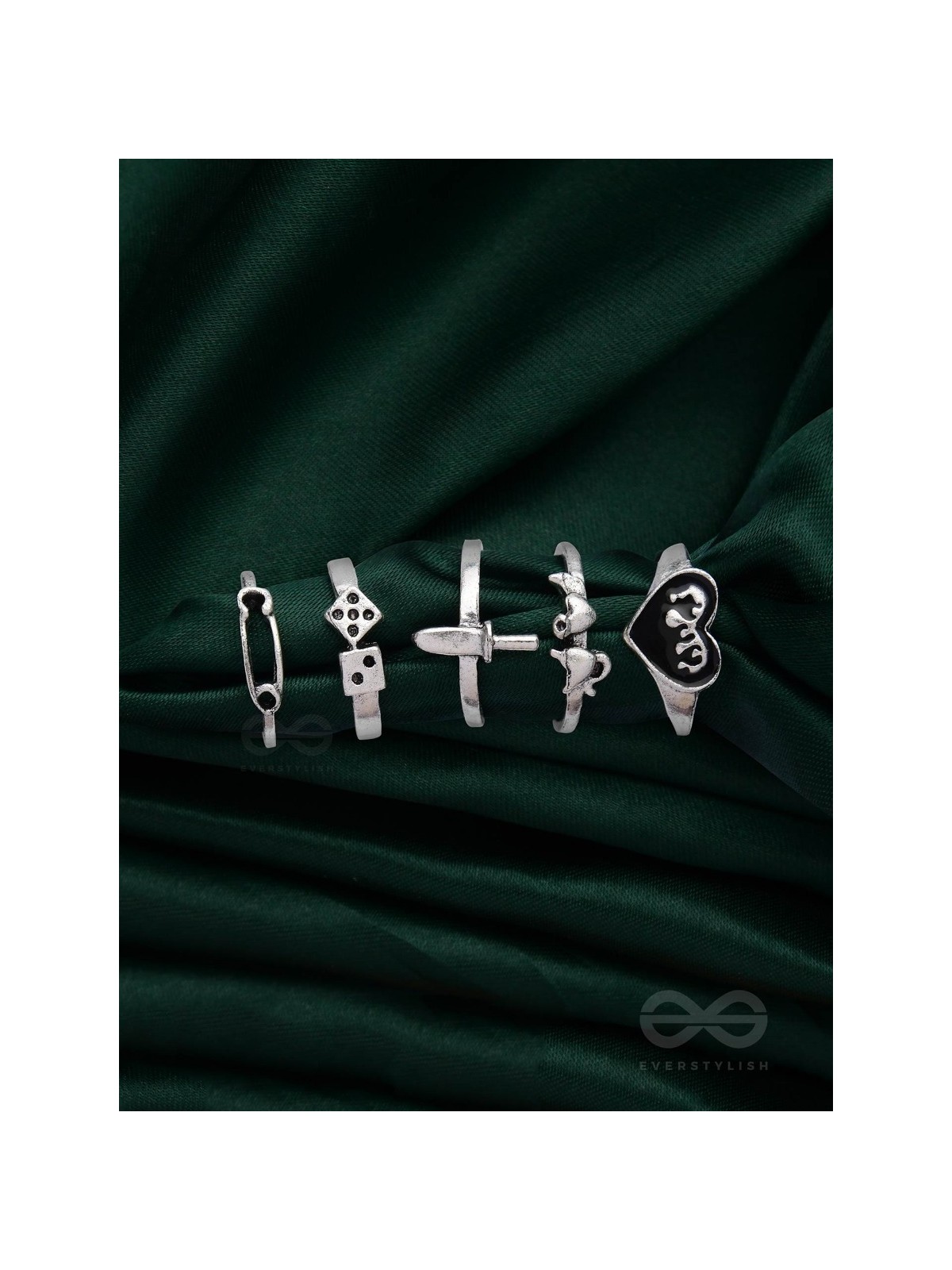 ALL ABOUT LOVE AND WAR - SET OF 5 SILVER RINGS