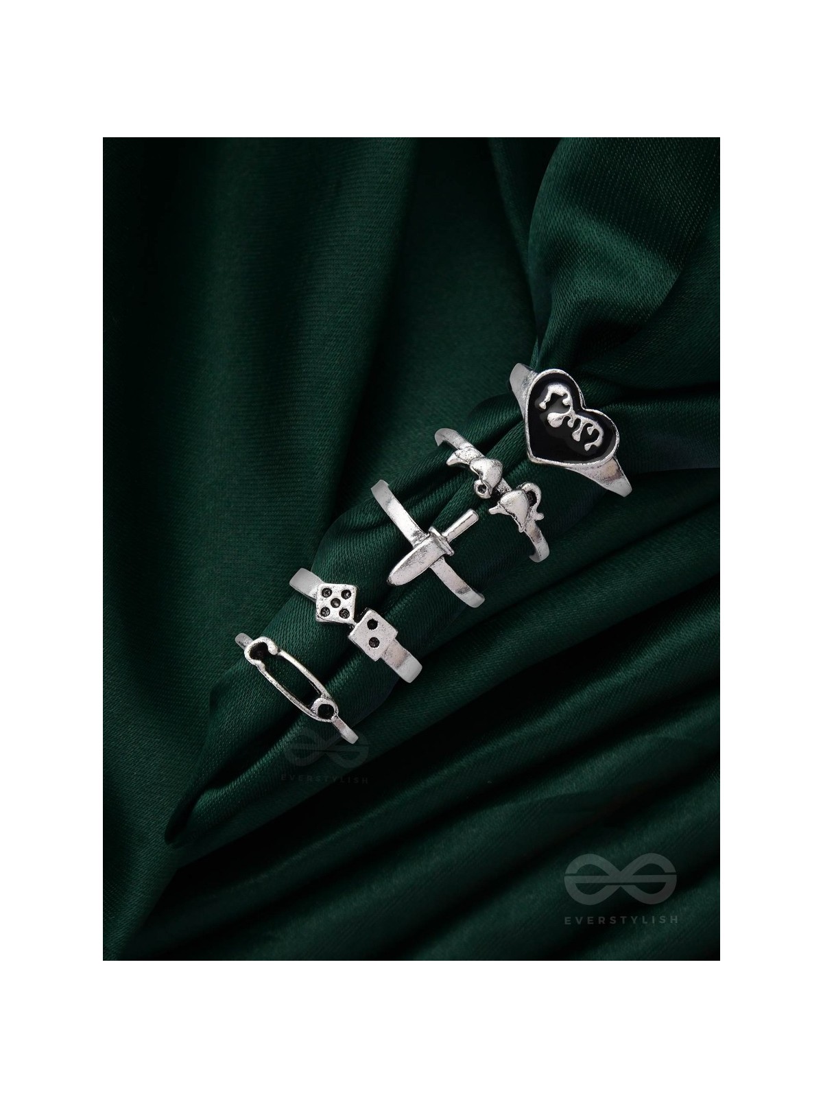 ALL ABOUT LOVE AND WAR - SET OF 5 SILVER RINGS