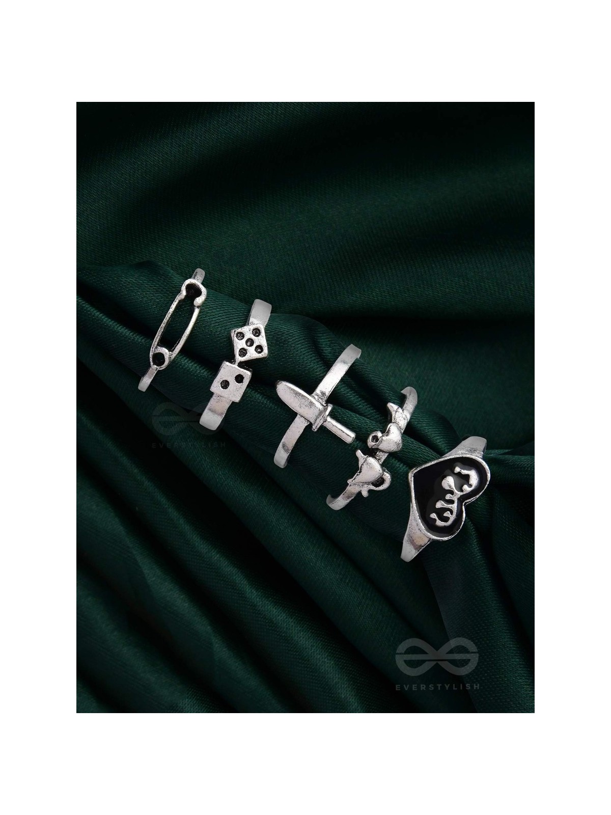 ALL ABOUT LOVE AND WAR - SET OF 5 SILVER RINGS