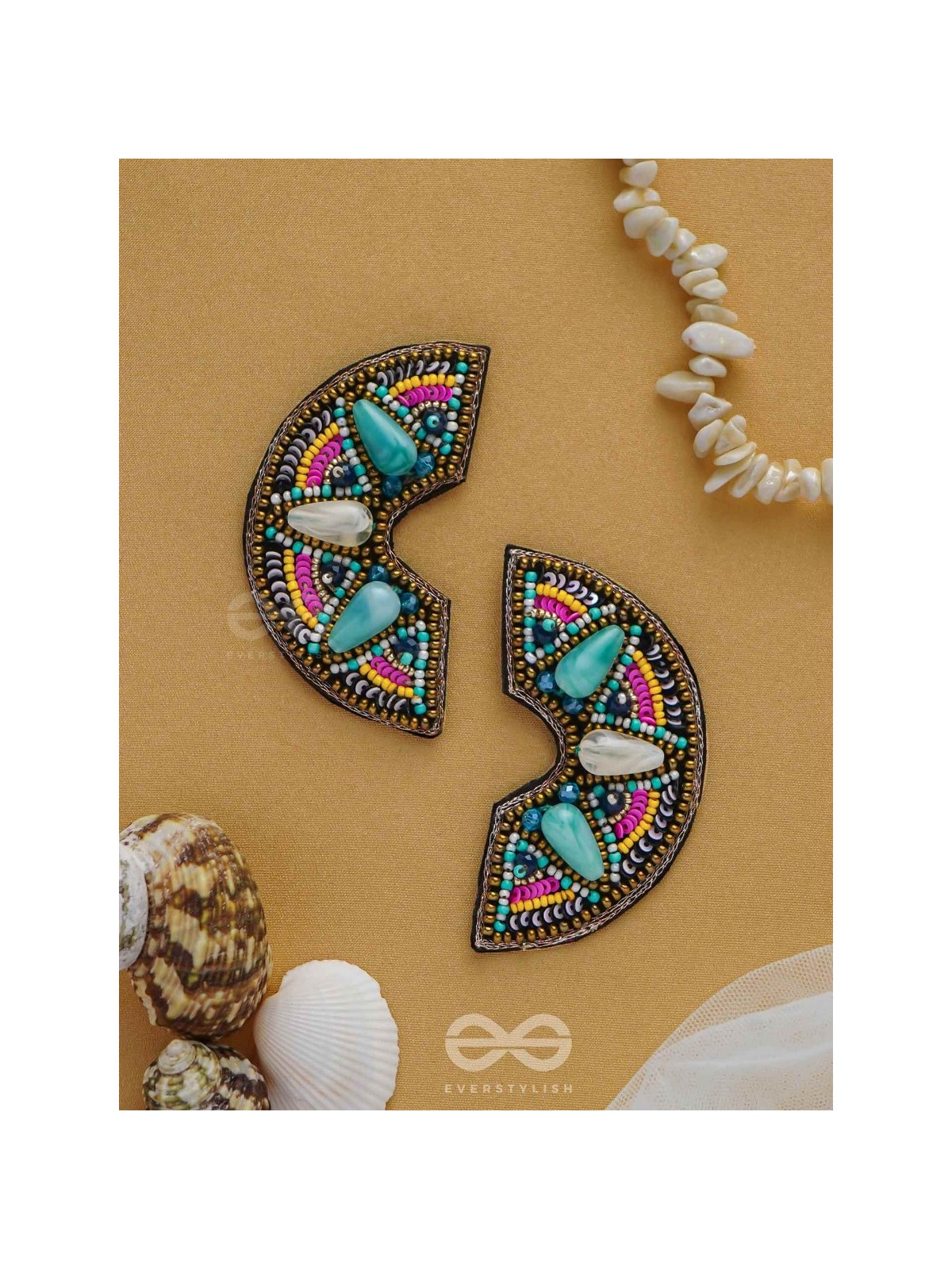 PARIDYUDHI - THE OCEAN WHISPERS - SEQUINS, BEADS, AND MARBLE DROP EMBROIDERED EARRINGS (MULTICOLOR)