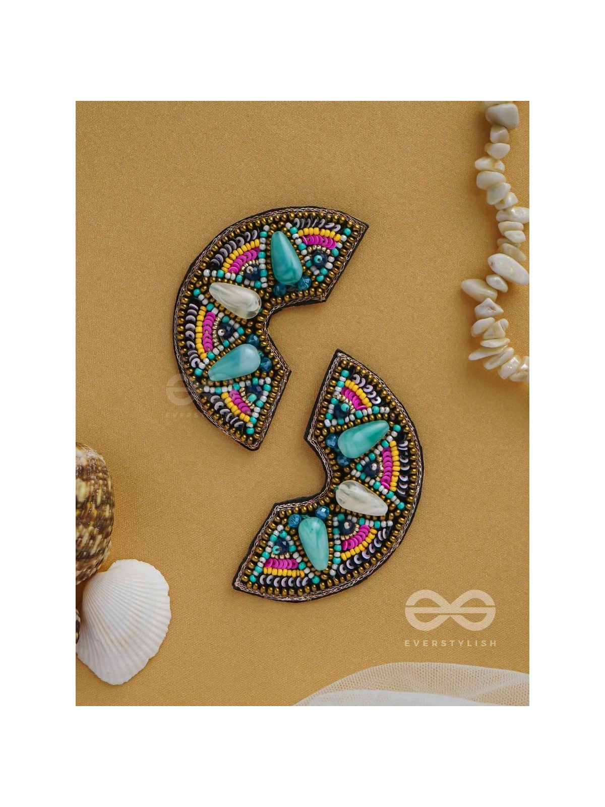 PARIDYUDHI - THE OCEAN WHISPERS - SEQUINS, BEADS, AND MARBLE DROP EMBROIDERED EARRINGS (MULTICOLOR)