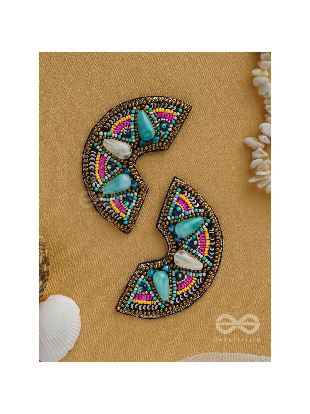 PARIDYUDHI - THE OCEAN WHISPERS - SEQUINS, BEADS, AND MARBLE DROP EMBROIDERED EARRINGS (MULTICOLOR)