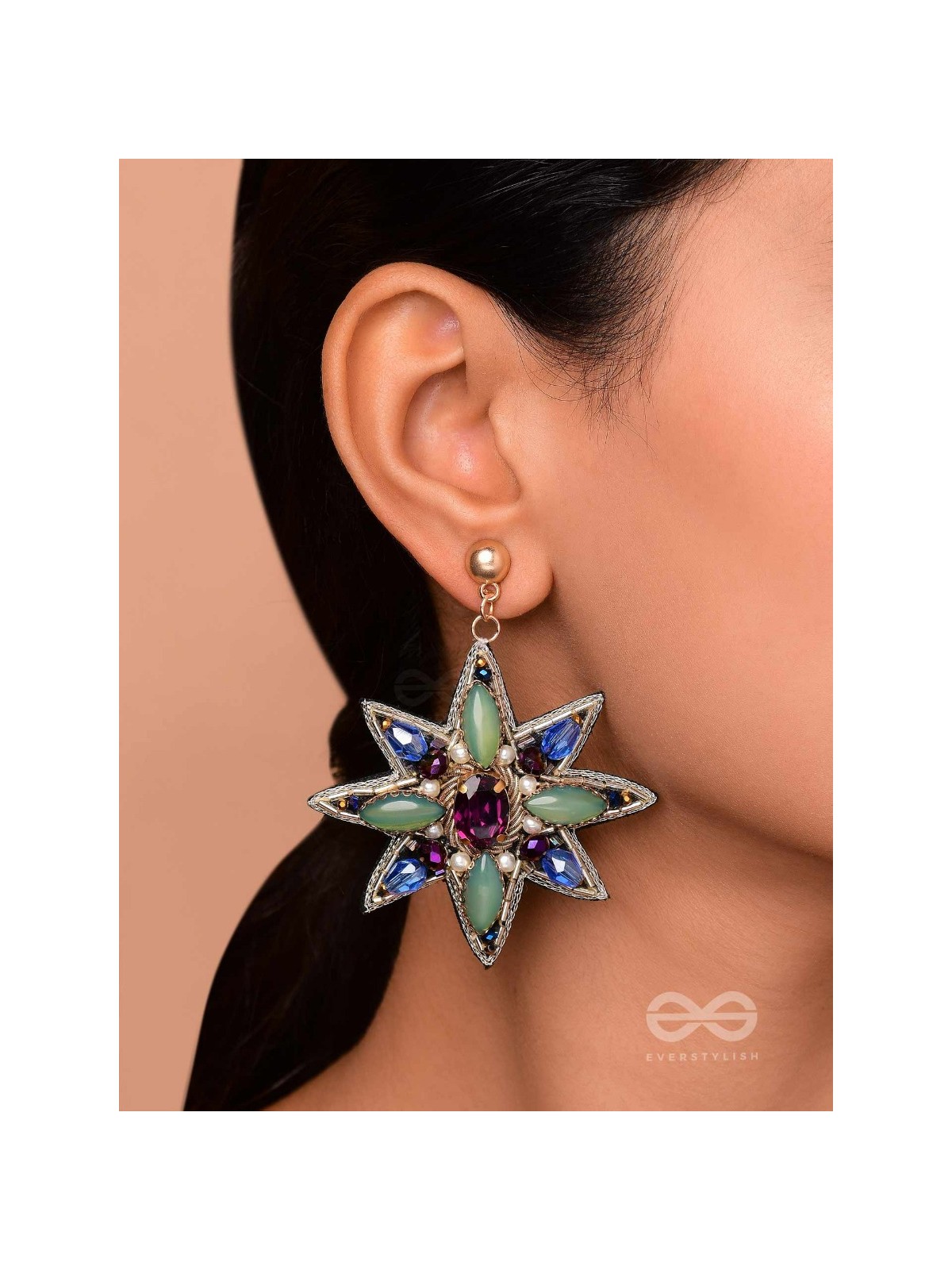 Nakshatrika - The Celestial Sparkle - Stone, Beads And Dabka Hand Embroidered Earrings (Multicolor)