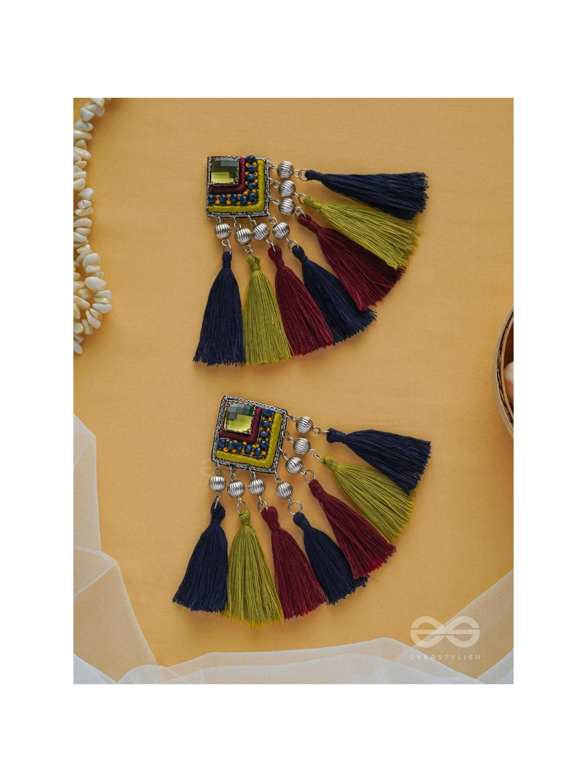 Abhipreta - The Cherished Glow - Stone, Beads And Resham Hand Embroidered Earrings