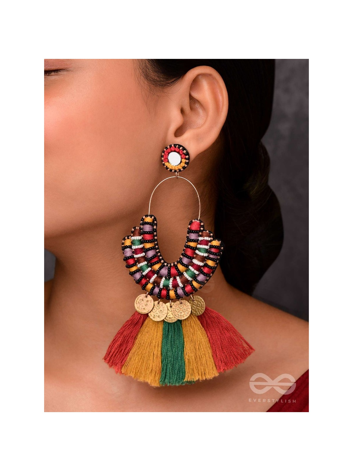Kalatmaka - The Artistic Aura - Resham, Beads And Coins Hand Embroidered Earrings