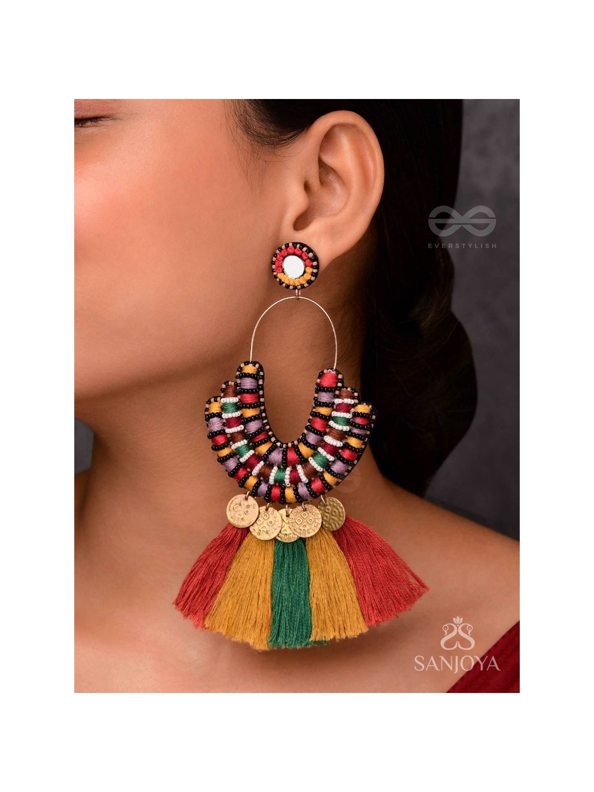 Kalatmaka - The Artistic Aura - Resham, Beads And Coins Hand Embroidered Earrings