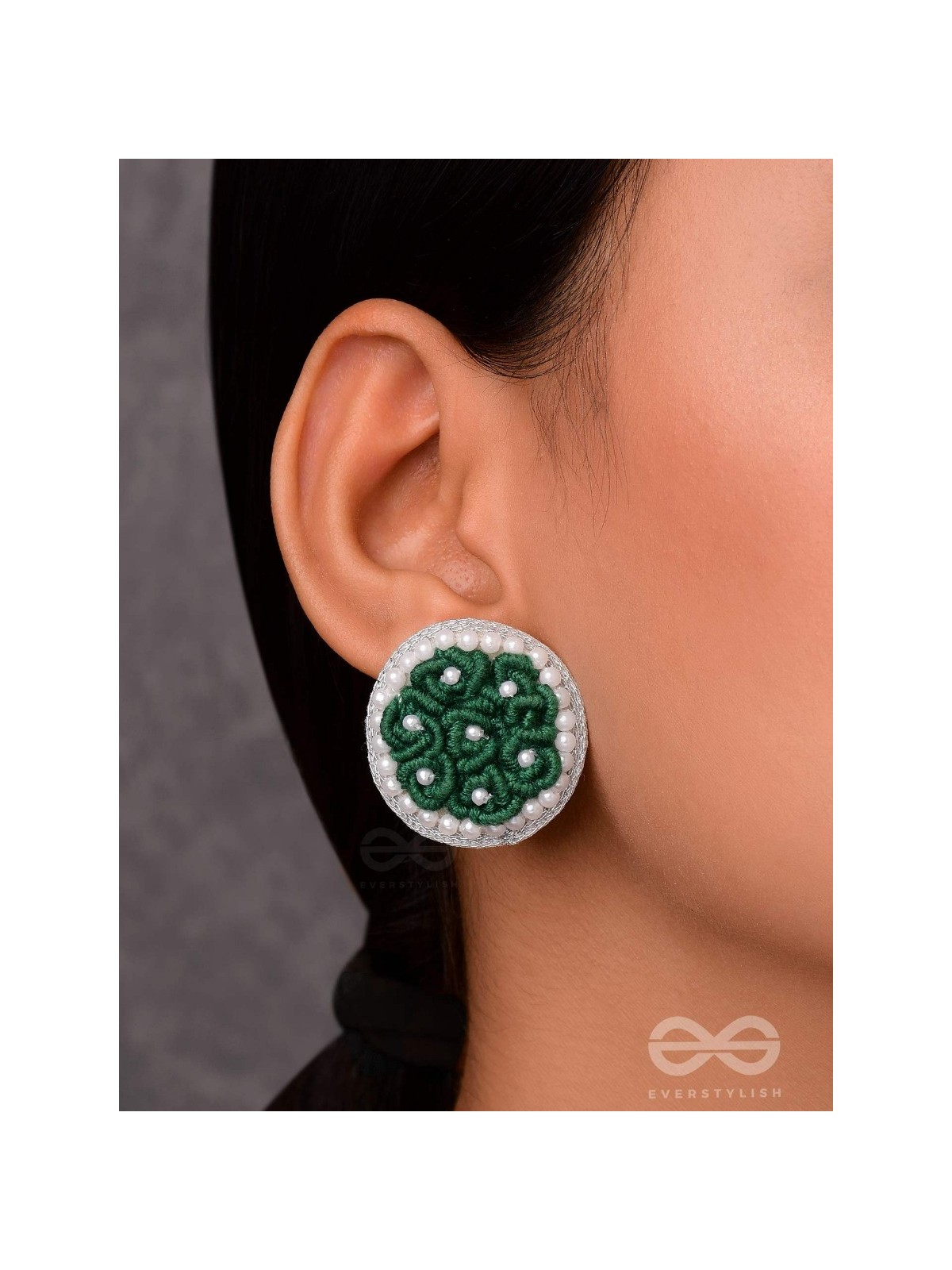 VARALI - THE LUSH MEADOW - PEARL AND THREAD EMBROIDERED EARRINGS (GREEN)