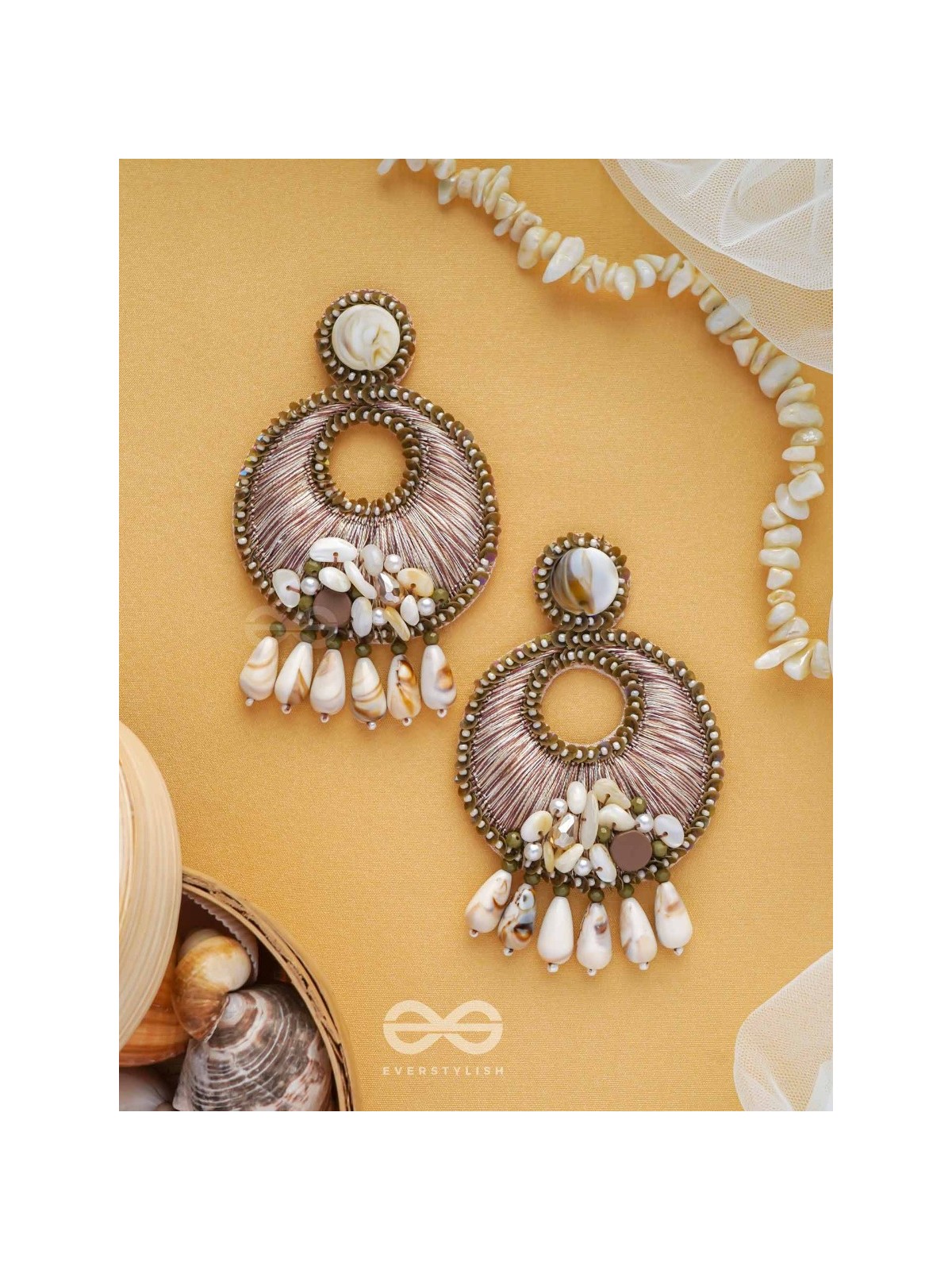 DHARANIKA - THE EARTHY HUES - RESHAM, BEADS & SHELL DROP EMBROIDERED EARRINGS